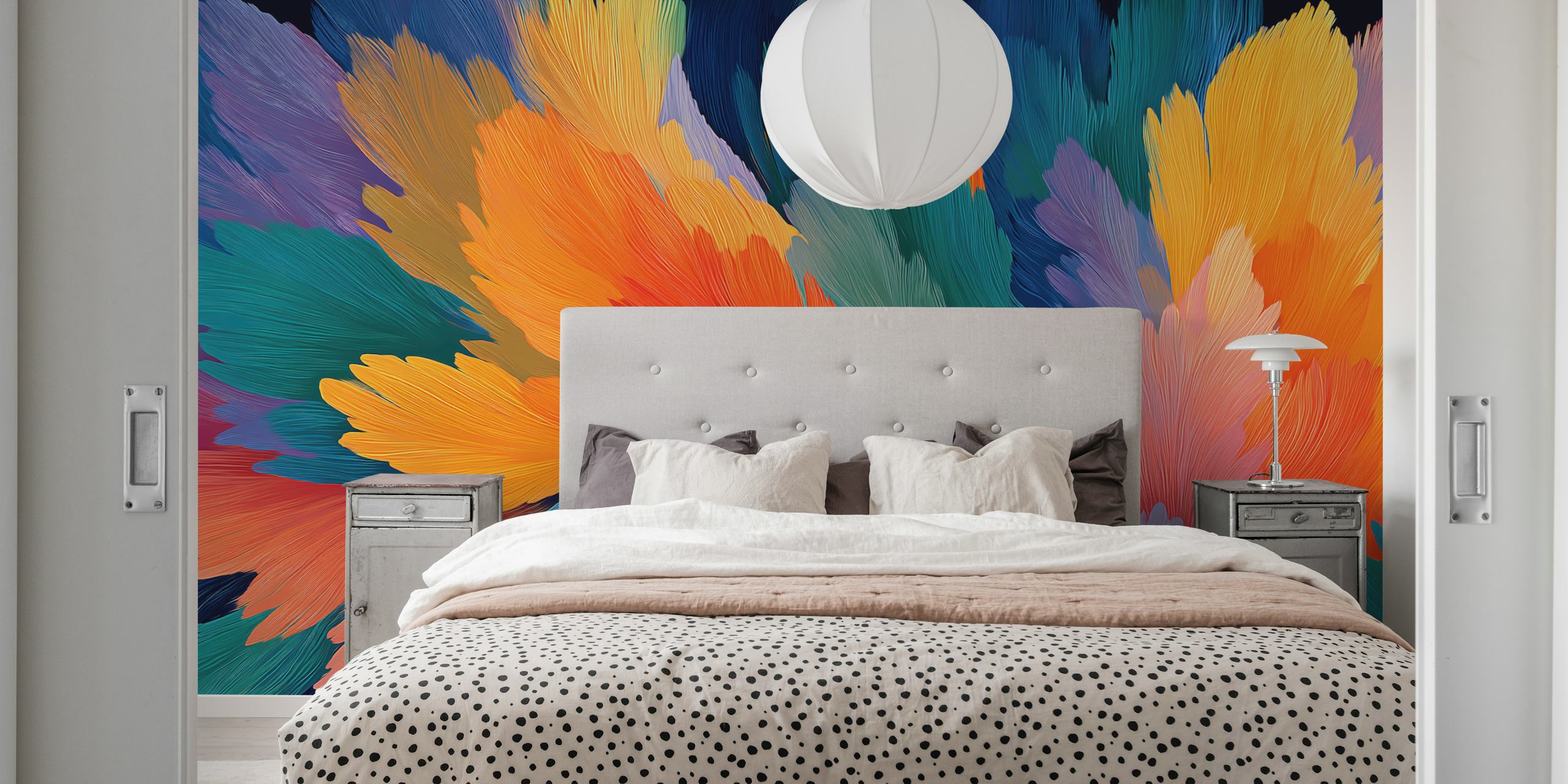 Vibrant Feathered Explosion papel de parede em um quarto