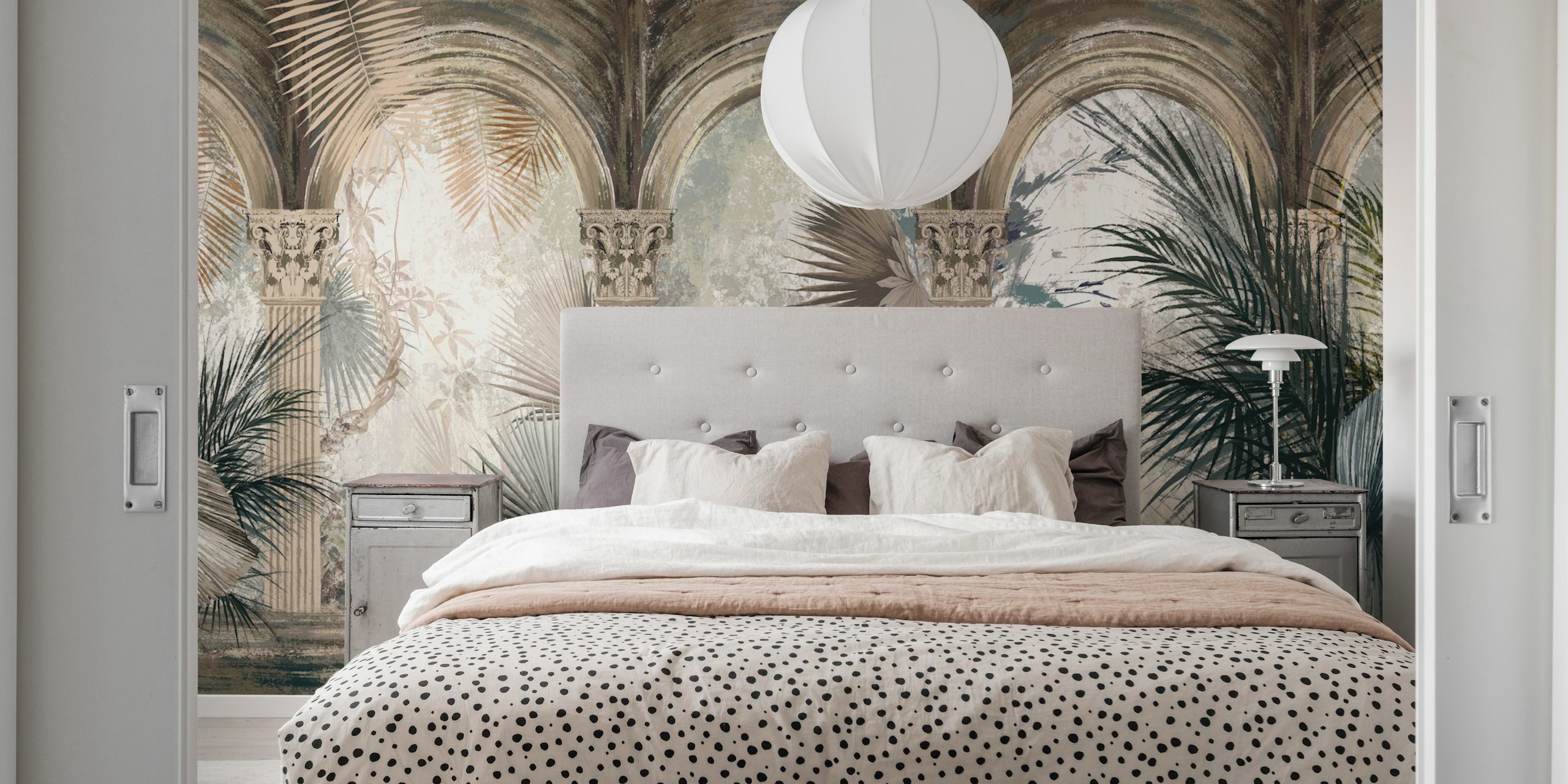 Columns with palm leaves in soft earthy tones wallpaper