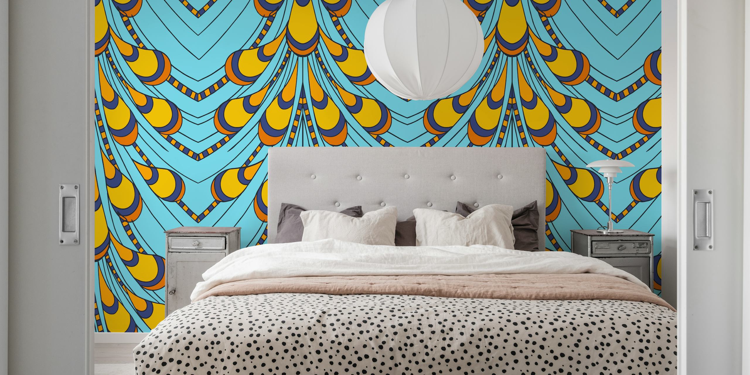 Blue and yellow peacock feather pattern wallpaper