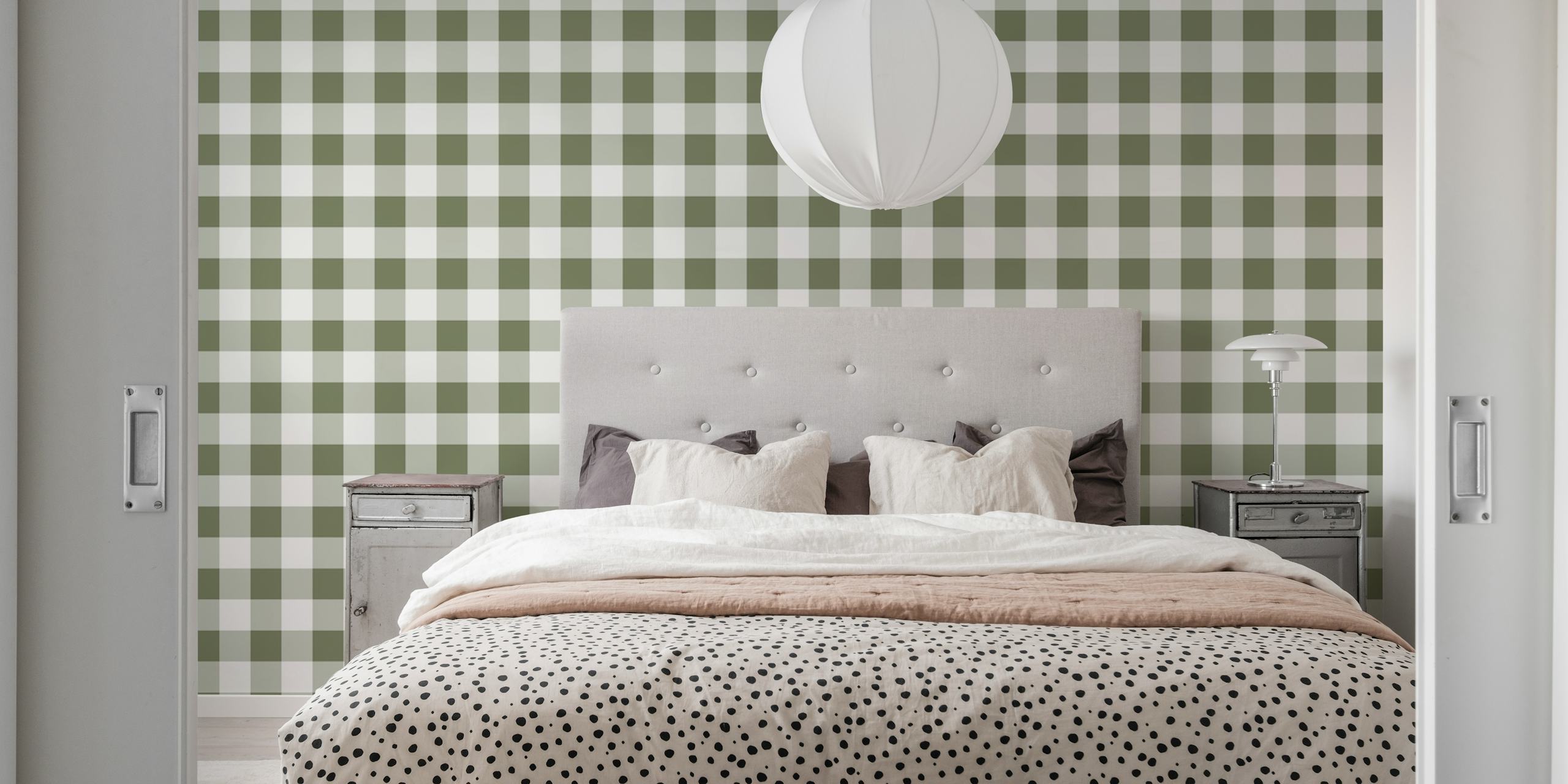 Green and white gingham check pattern wallpaper