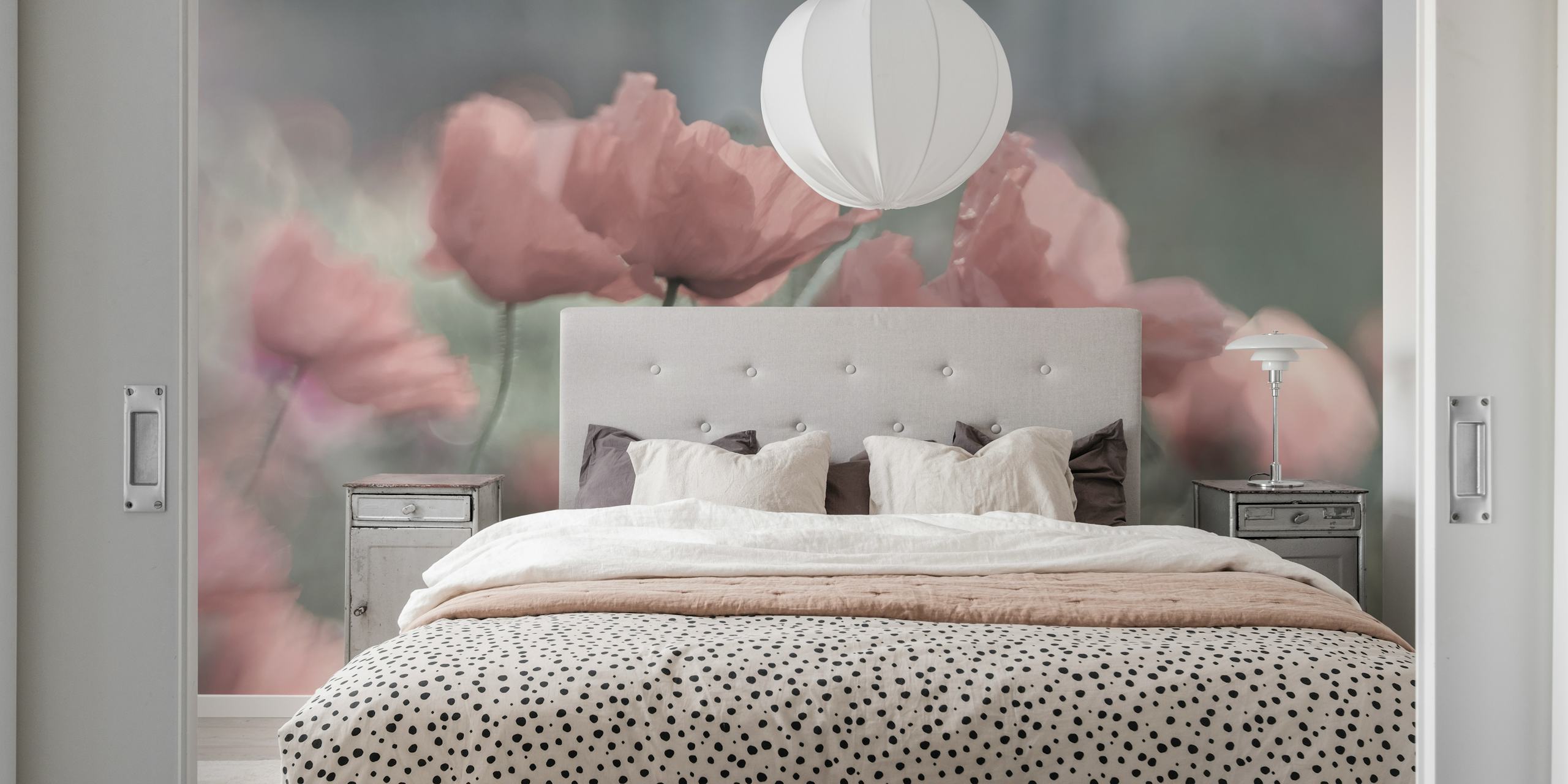 Pink soft poppies with green stems floral wallpaper