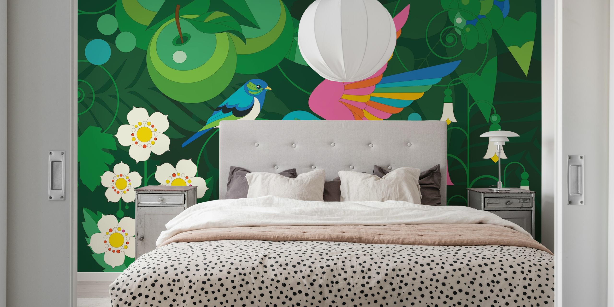 Two colorful birds amidst green leaves and white flowers wallpaper