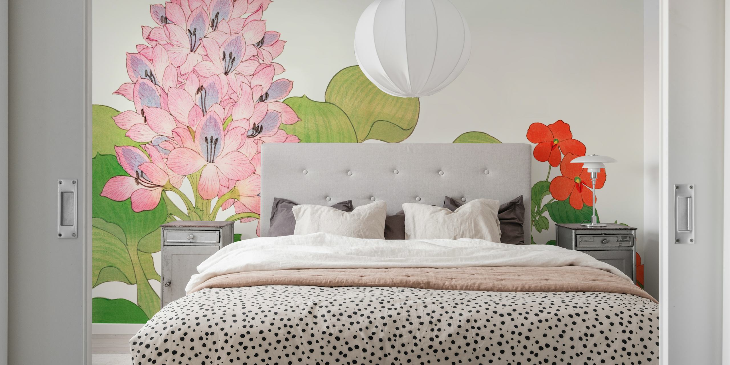 Pink and red tropical flowers with green leaves wallpaper