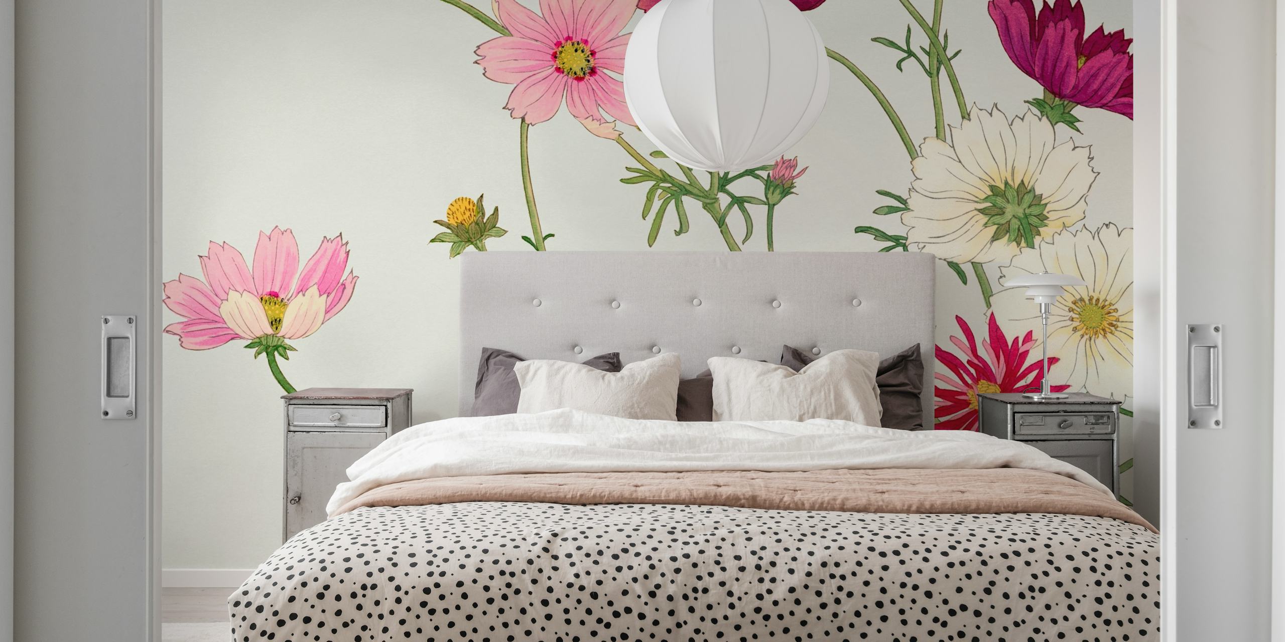 Minimalist Japanese floral wall mural with pastel blooms