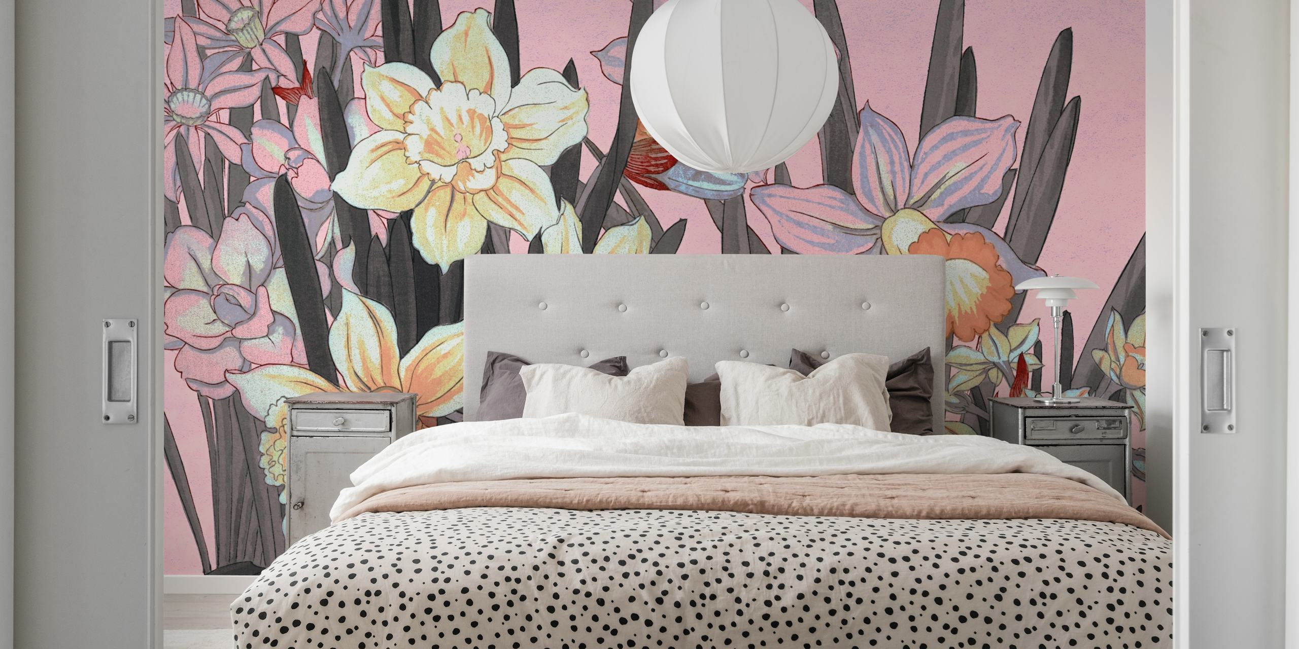 Scandinavian bloemenbehang op blush muur