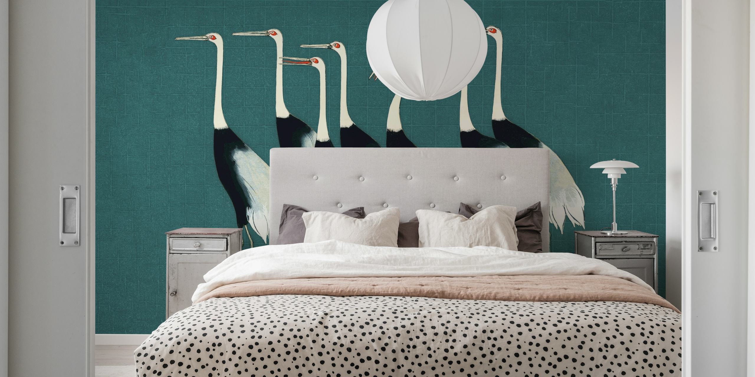 Japanese cranes wallpaper on teal background
