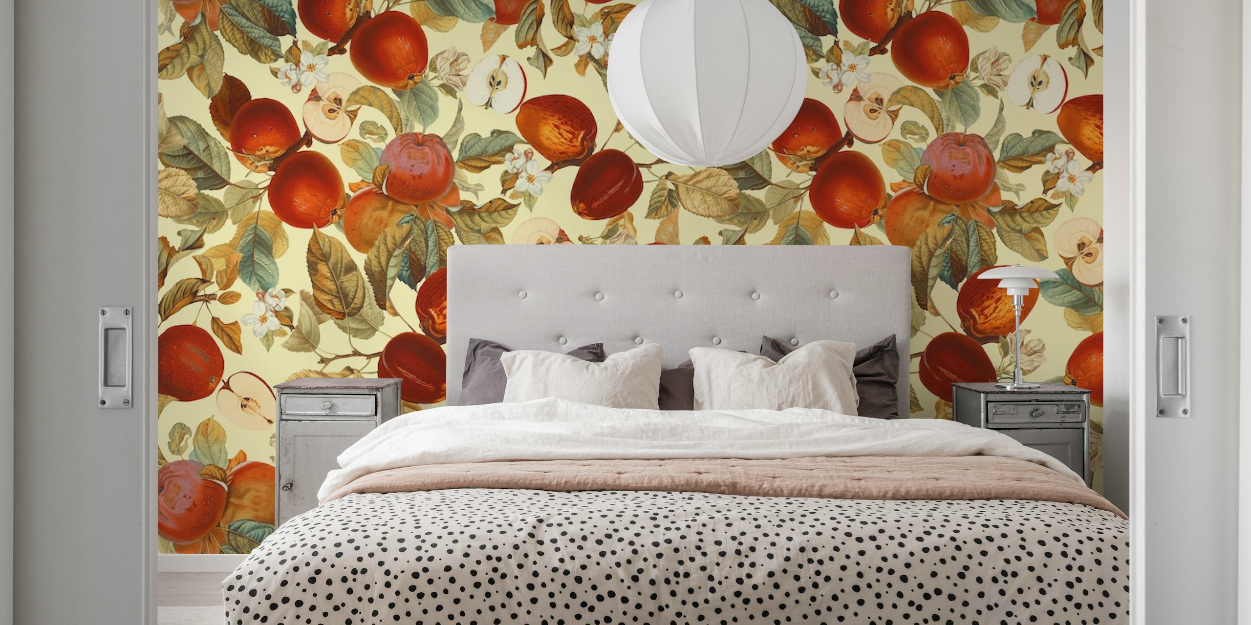 Vintage fruit and floral pattern showcasing red apples and green leaves wallpaper