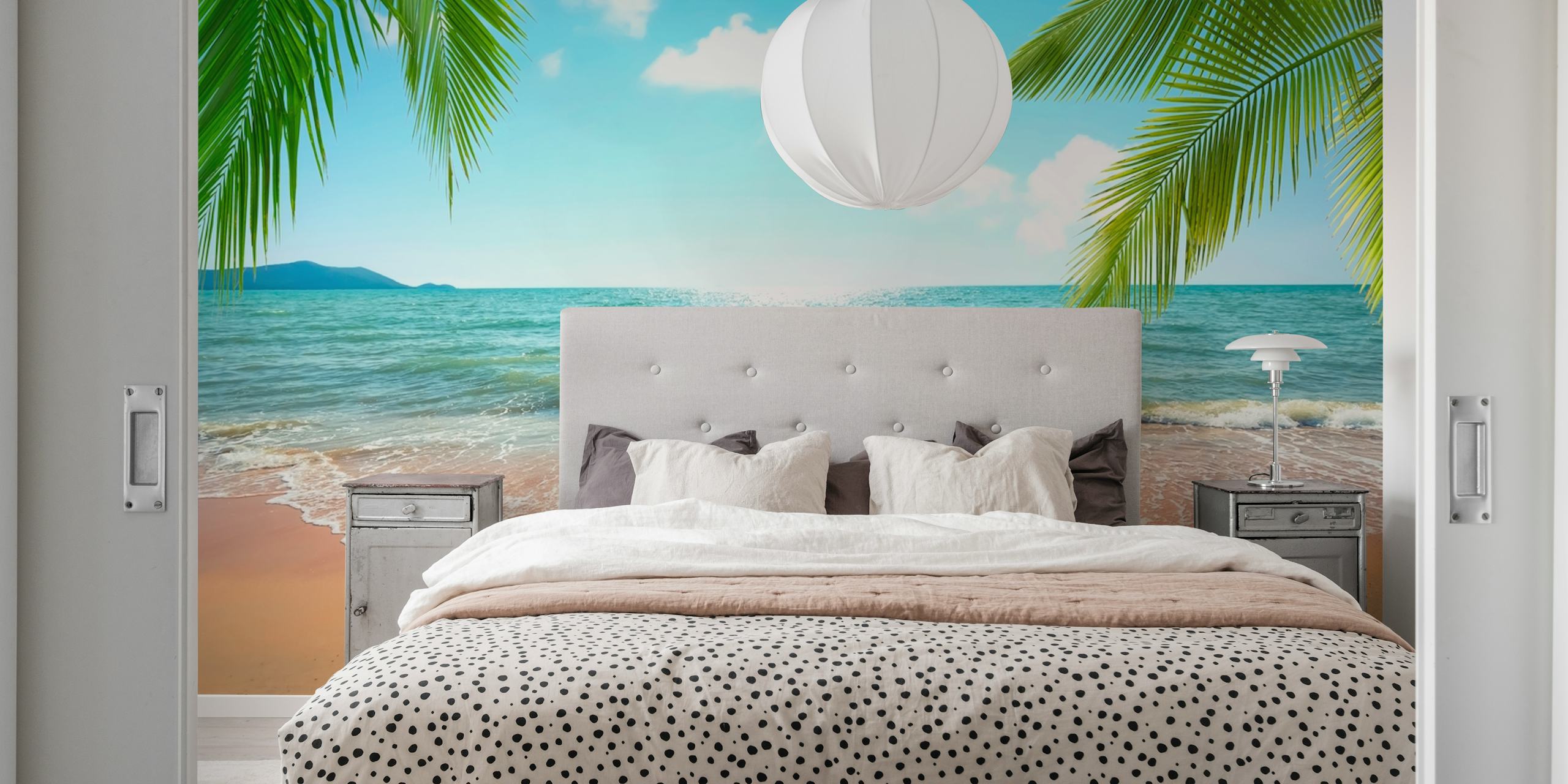 Tropical beach with clear blue water and palm trees wallpaper