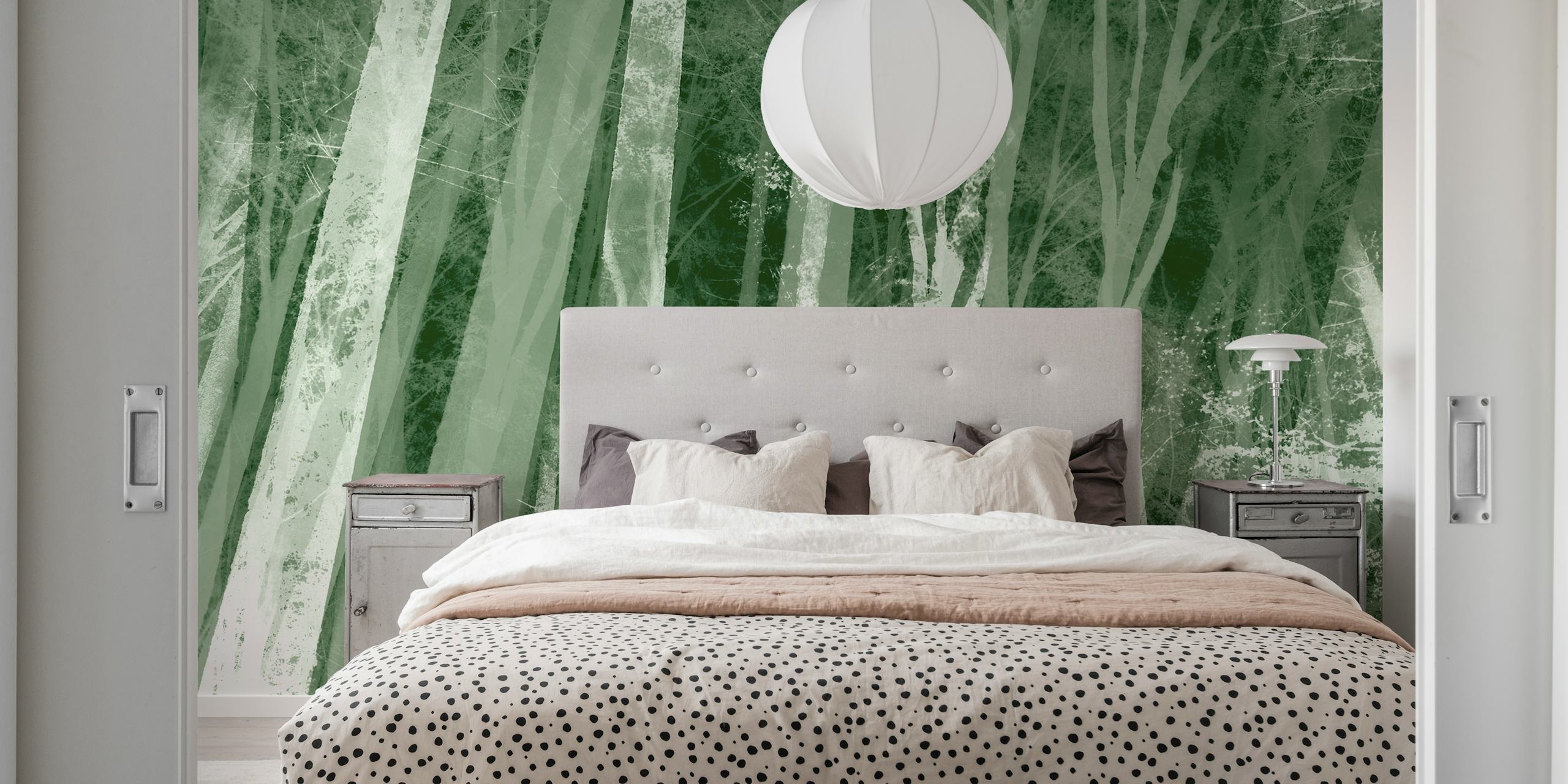 Soft dark green forest wallpaper in a room