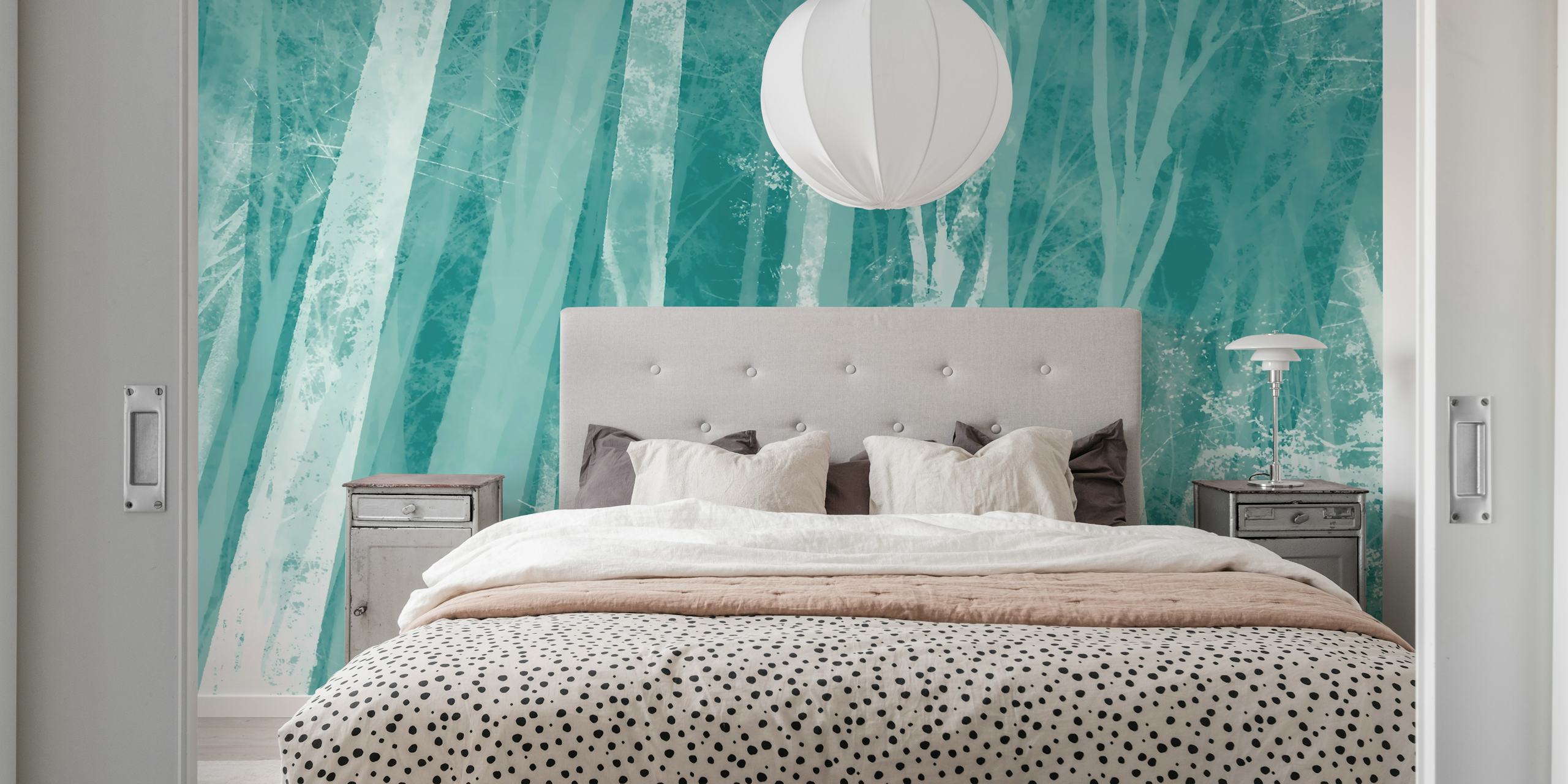 Soft Teal Cyan Forest tapet i ett rum