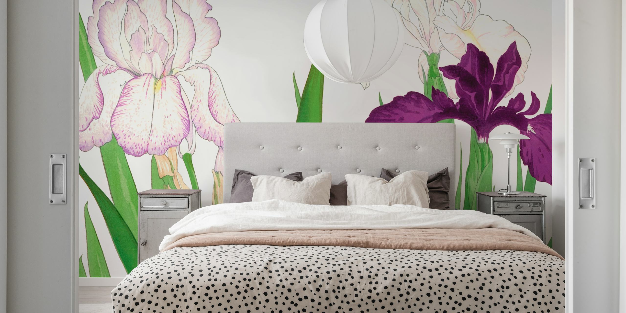 Japanese floral wallpaper with purple and blue irises, green leaves, botanical style