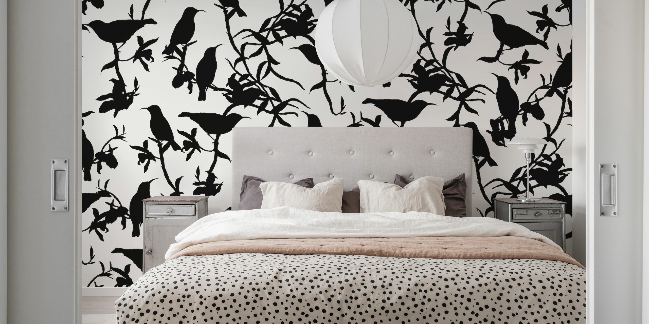 Svart og hvit hummingbird chinoiserie mønster veggmaleri på Happywall