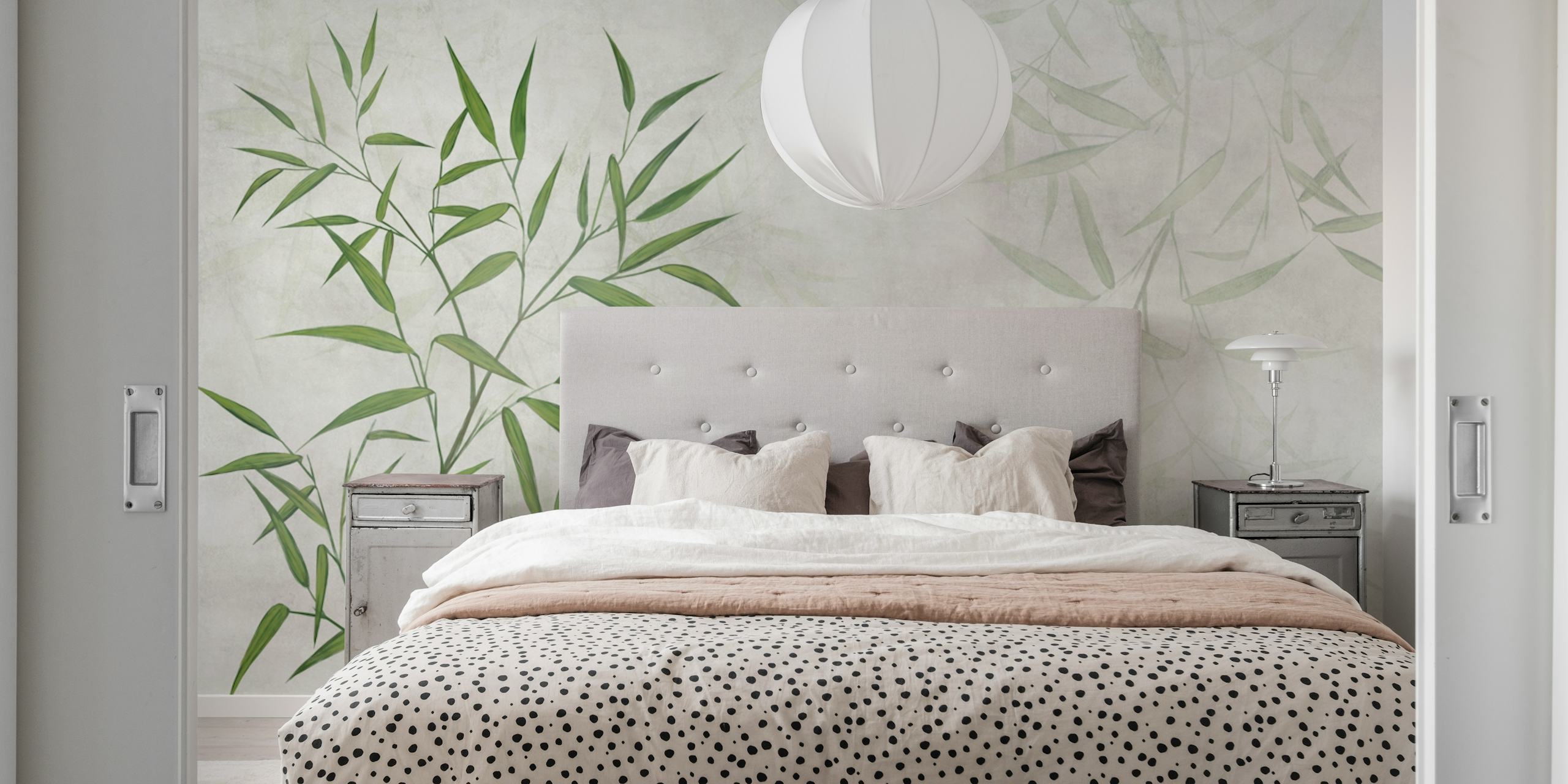 Bamboo leaves on a textured light background wallpaper in green and beige tones.