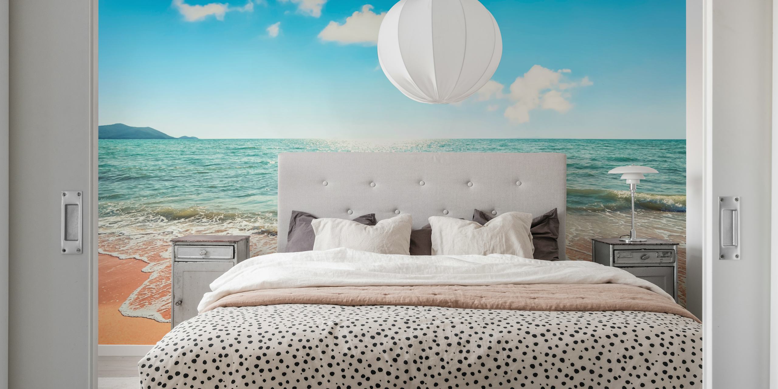 Beach ocean view with sandy shore and blue sky wallpaper