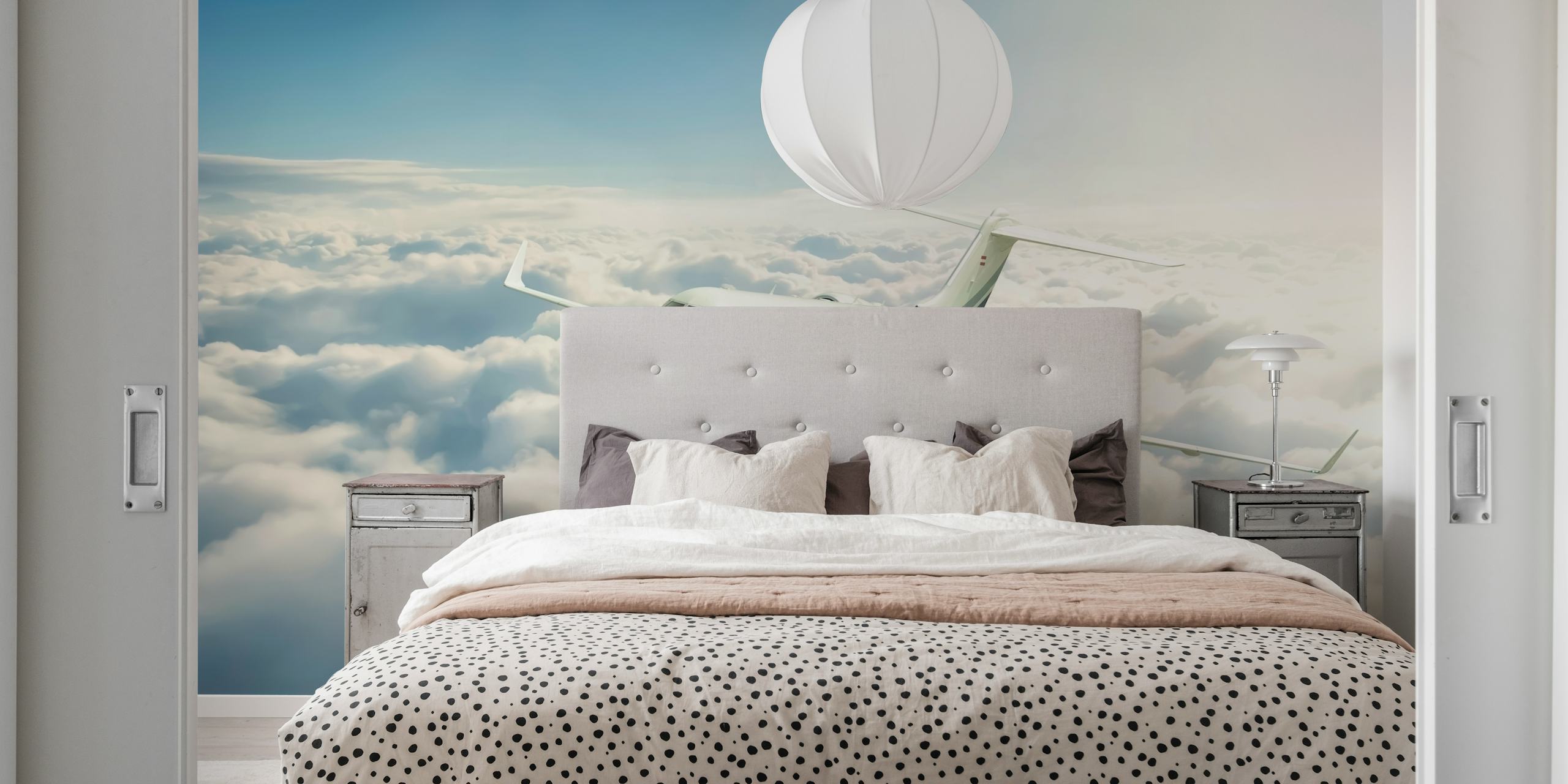 Private jet flying above the clouds wall mural