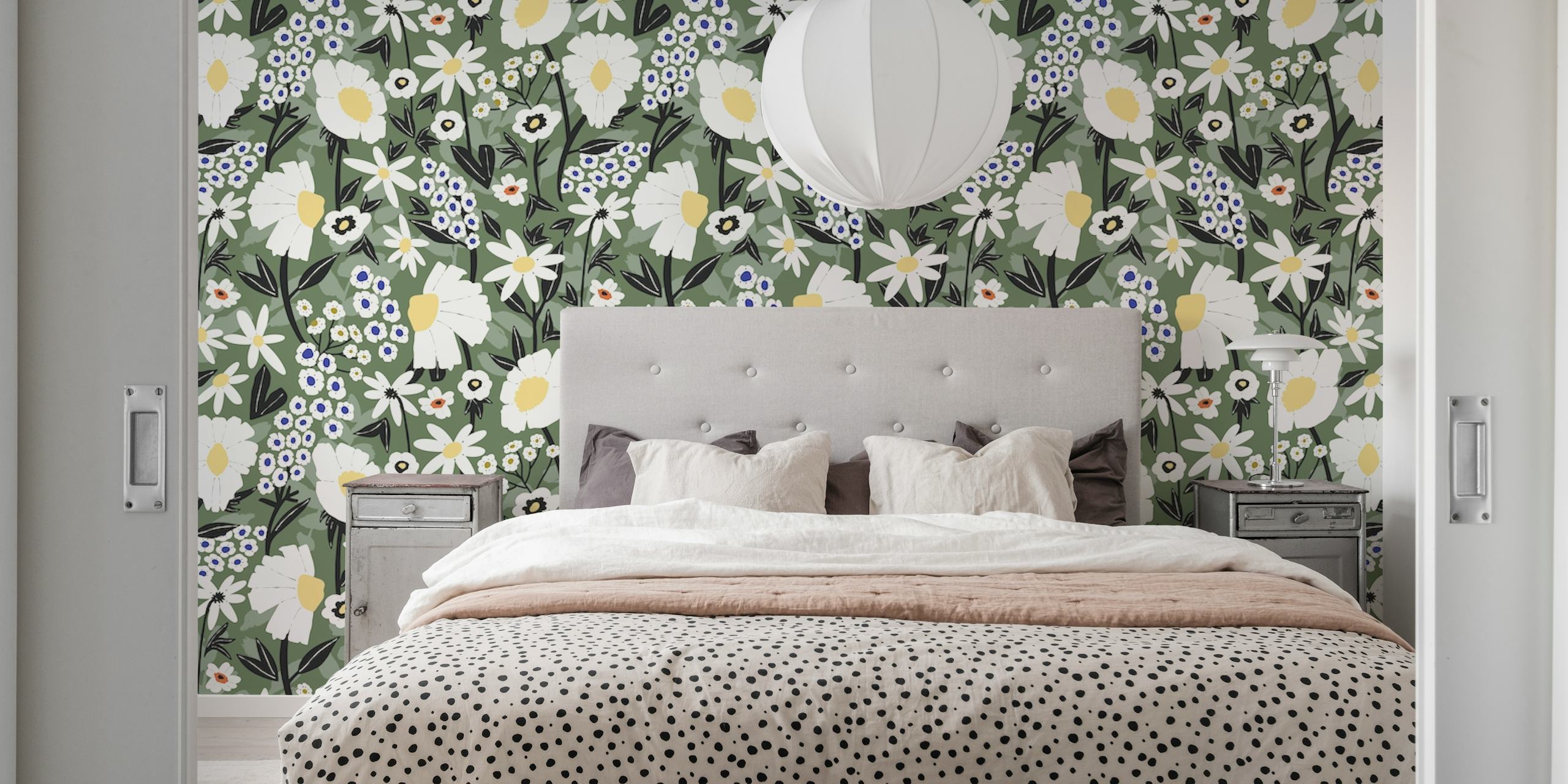 Meadow Forest Blossom wall mural with white flowers and green foliage pattern