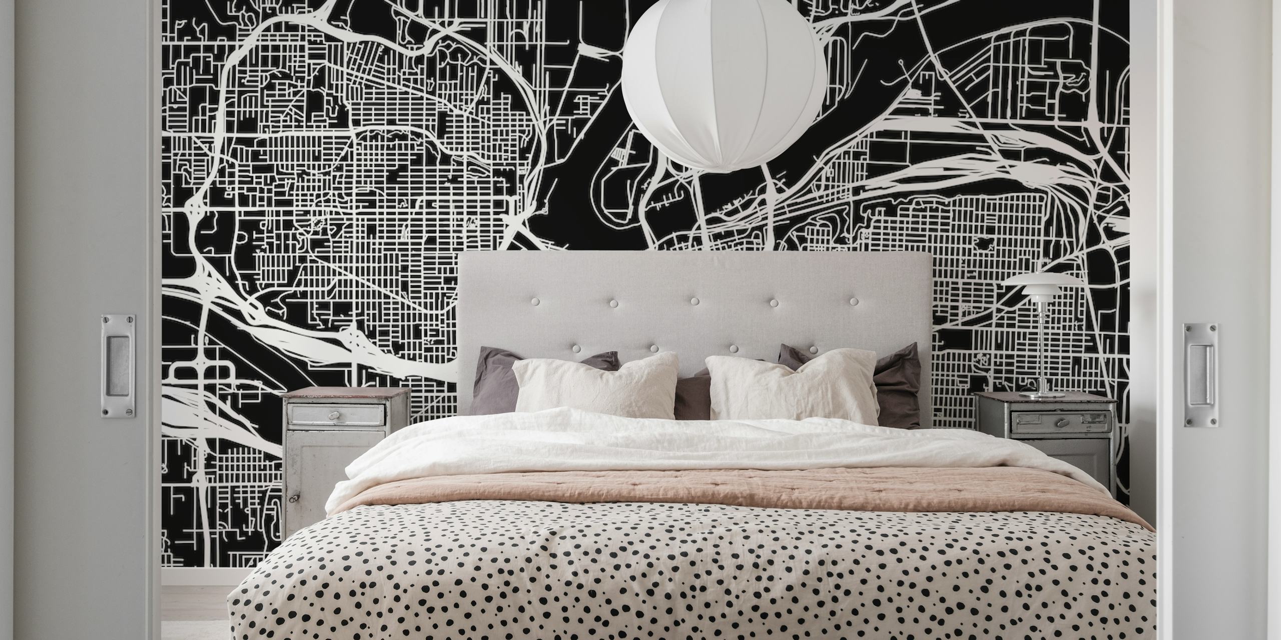 Monochrome Kansas map wall mural showing detailed street layout