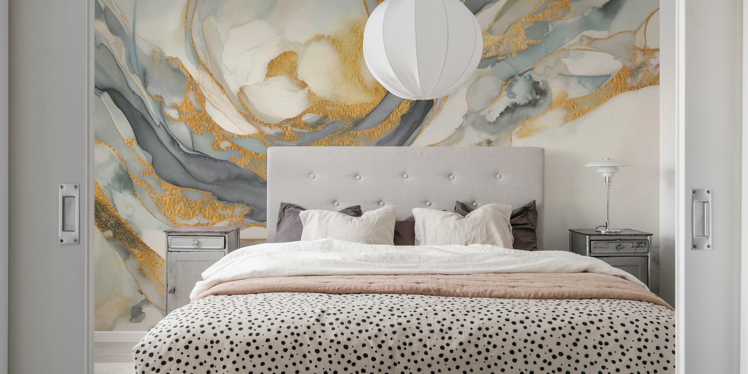 Gold and gray abstract wallpaper with fluid patterns and elegant tones