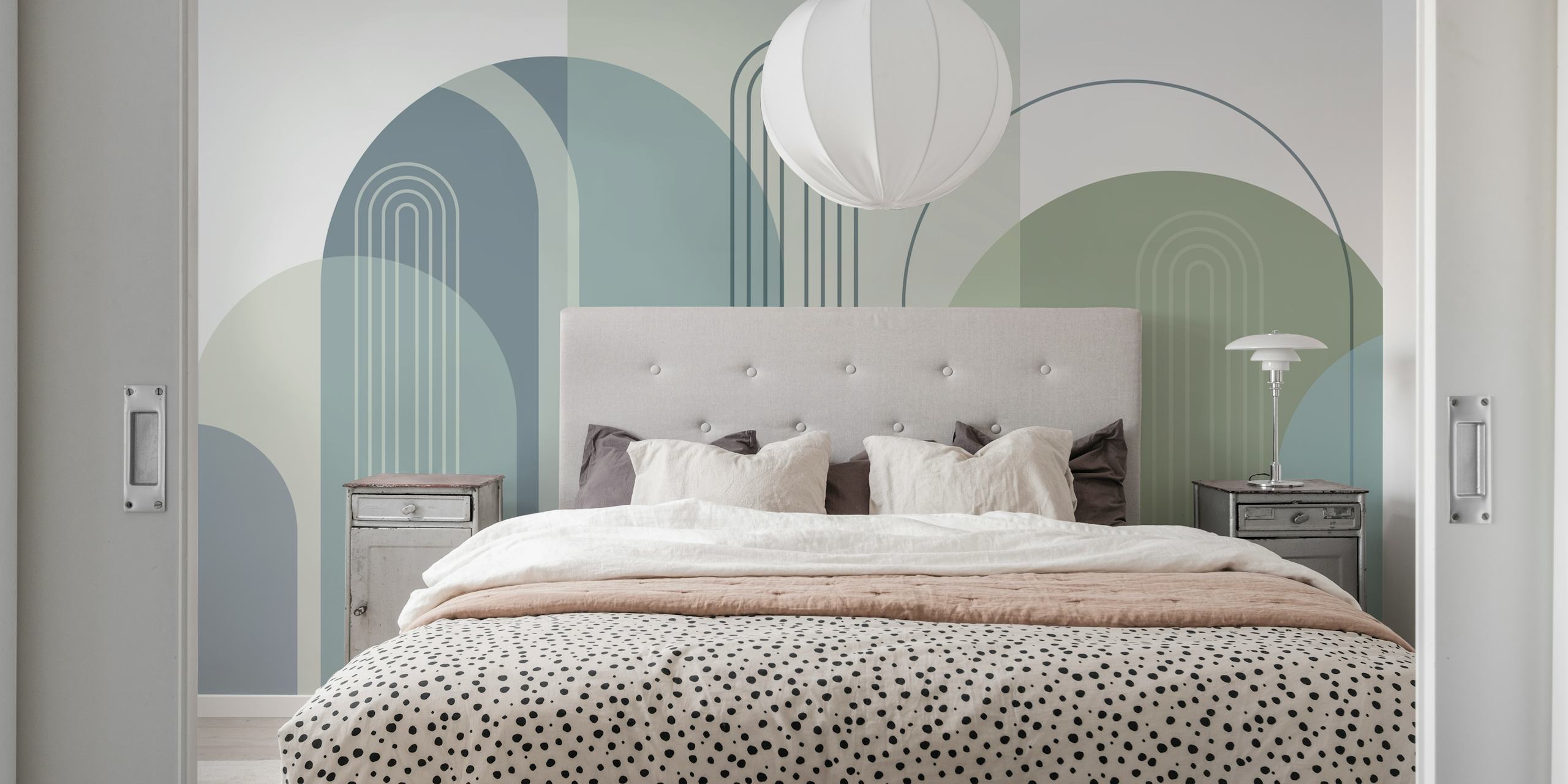 Geometric arches and shapes in soft greens and blues wallpaper