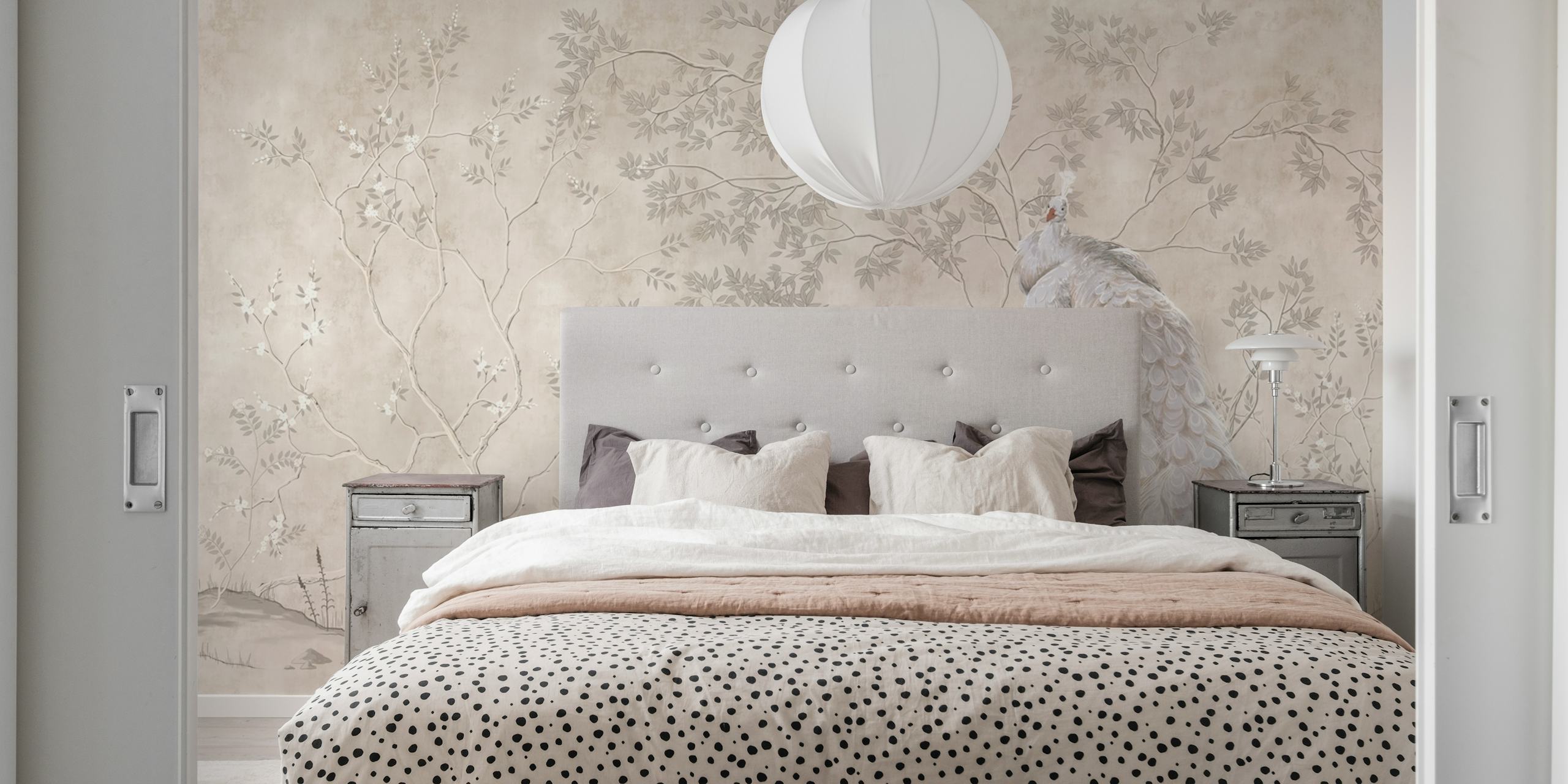 Chinoiserie wallpaper featuring peacocks, branches, muted colors, and delicate patterns