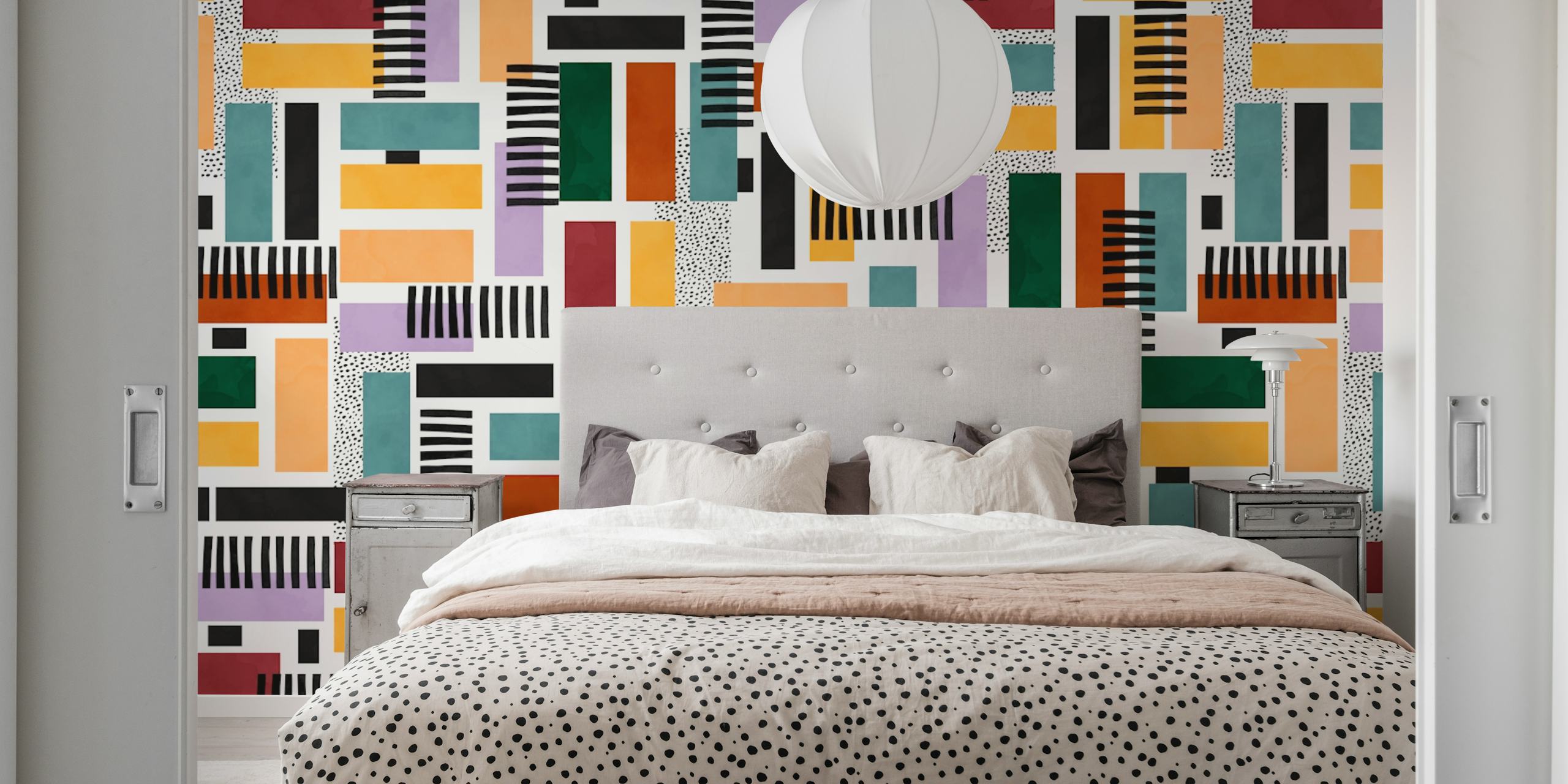 Colorful abstract striped wallpaper with various geometric shapes