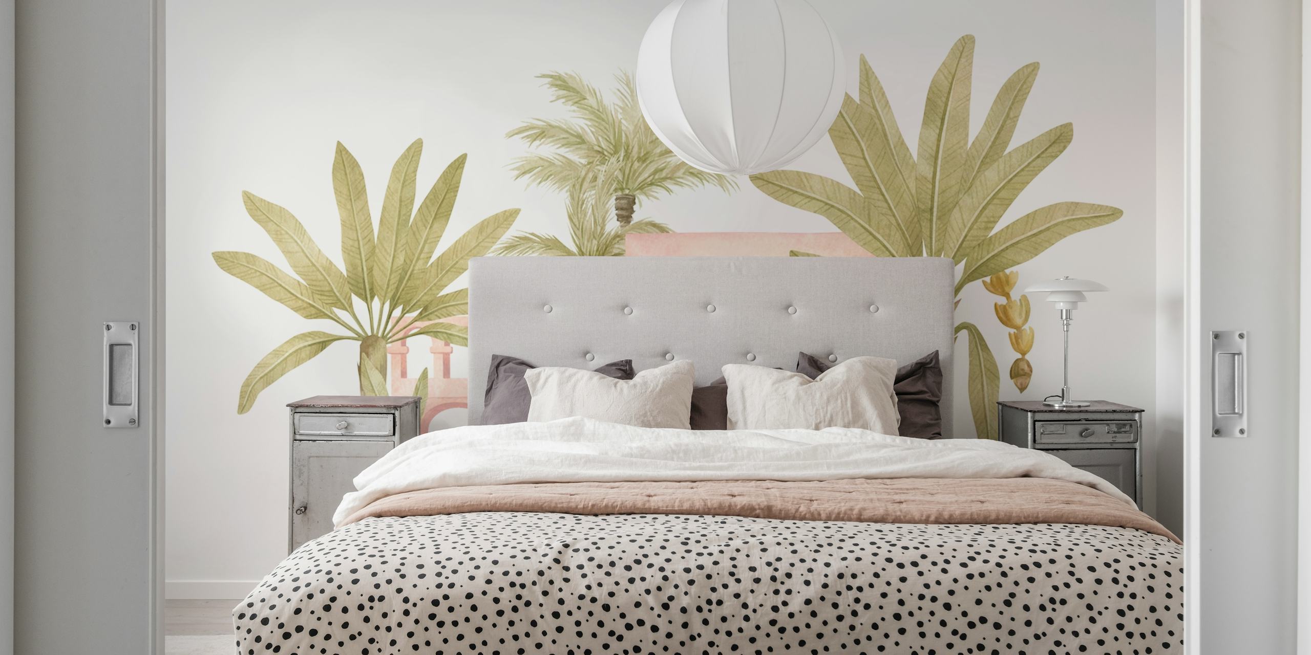 Pink arches and palm trees with green leaves wall mural