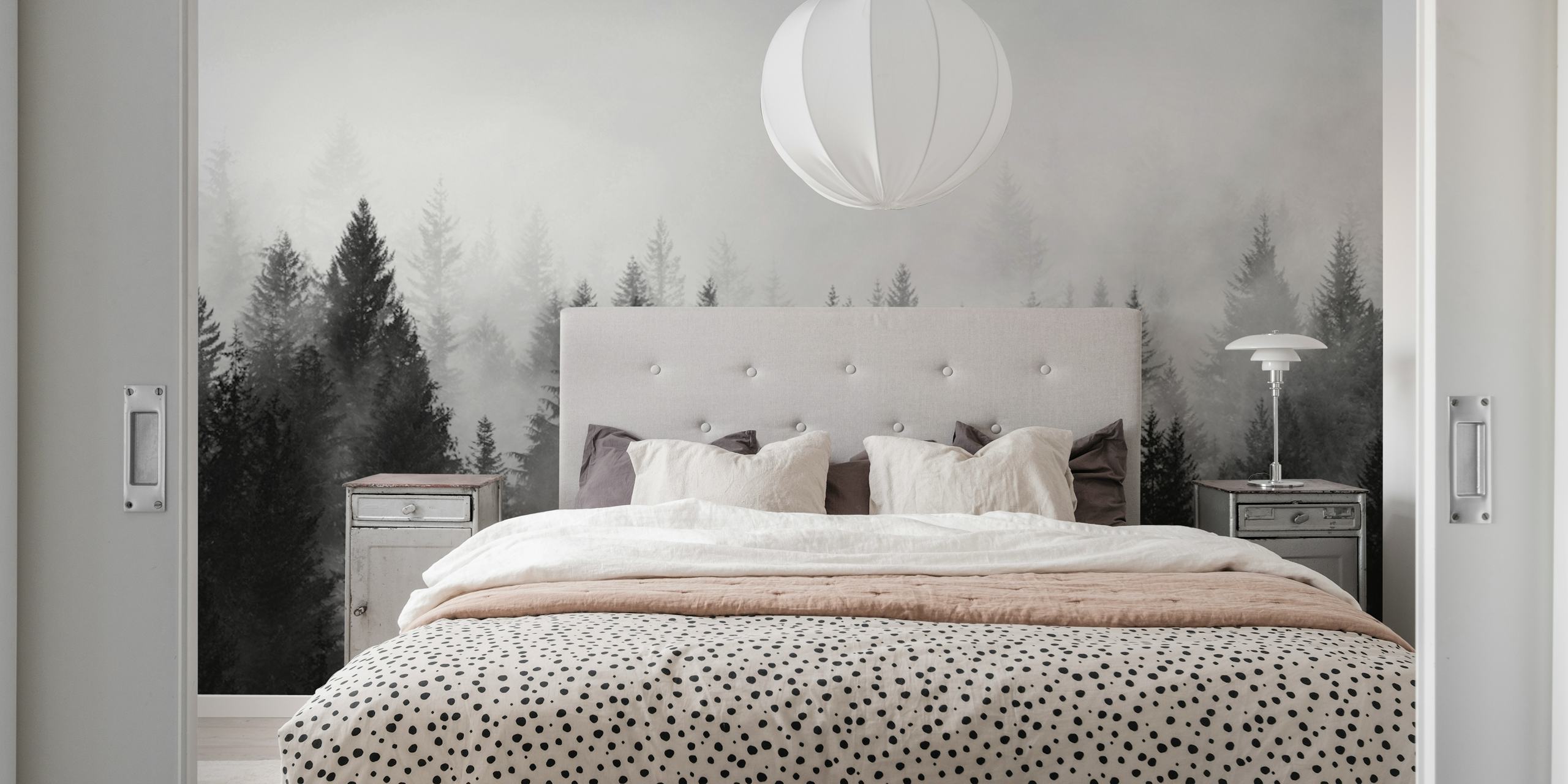Misty forest silhouette wall mural with trees in grayscale