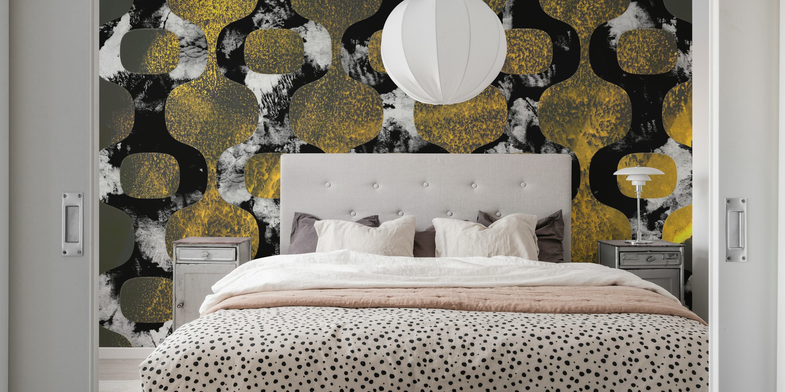 Mid-century geometric pattern in black and yellow marble wallpaper