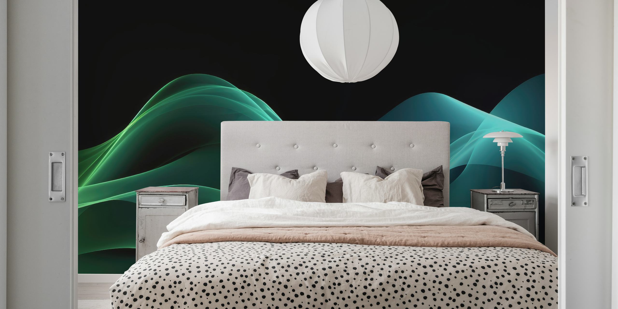 Abstract blue and green waves wall mural exuding a dreamy, serene nighttime ambiance