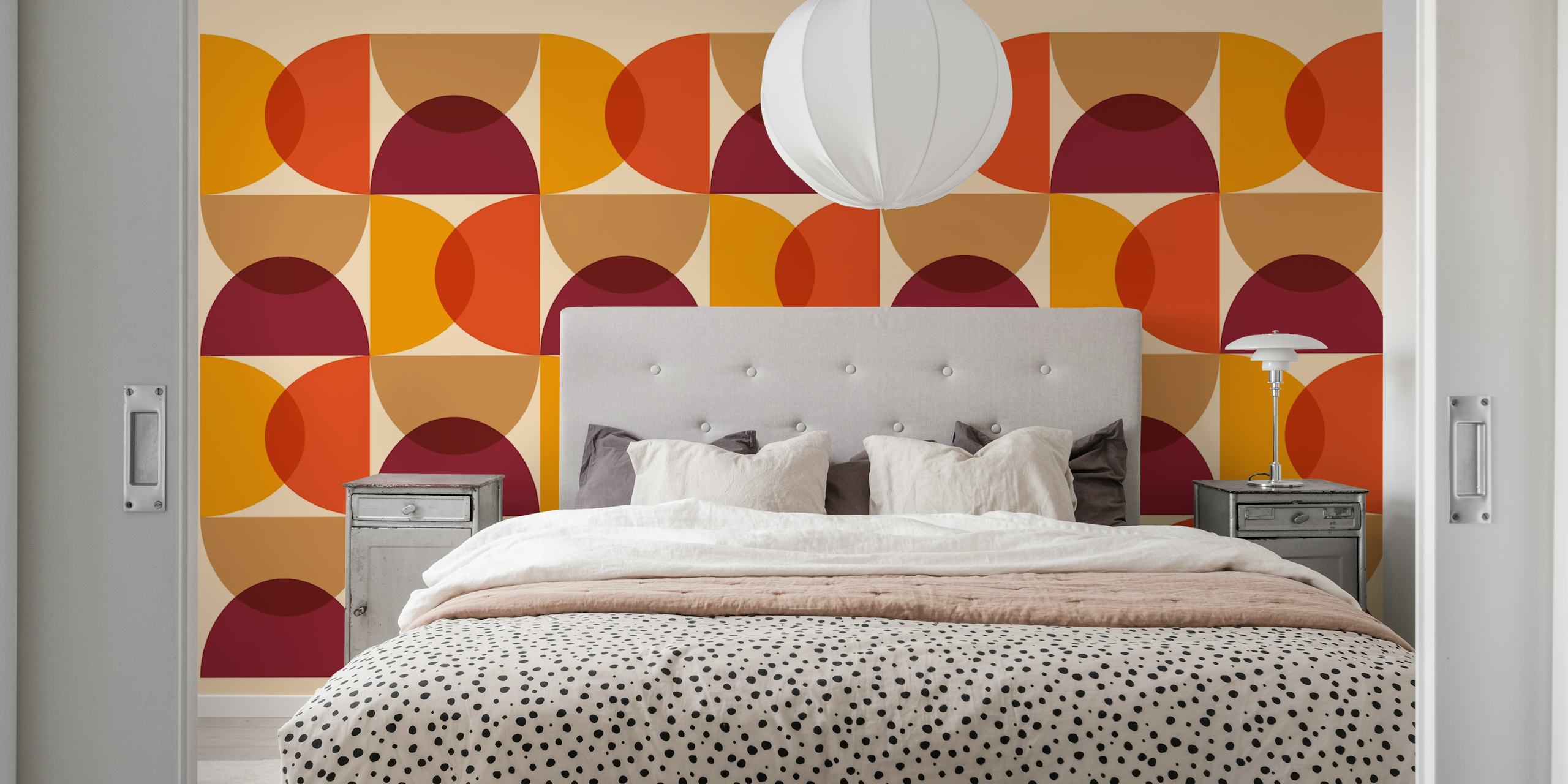 Geometric pattern in warm autumn colors including red, orange, and yellow wallpaper