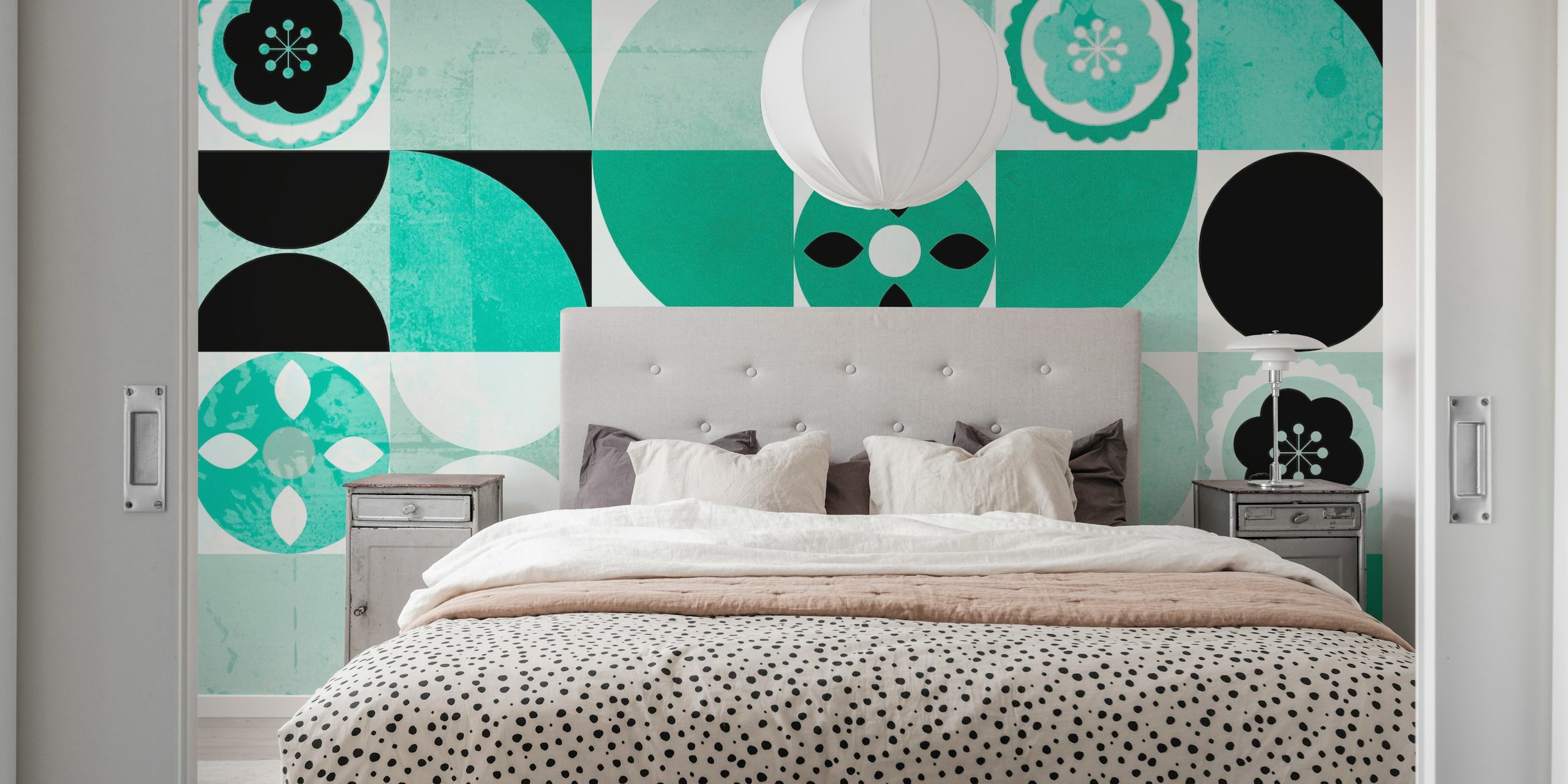 Geometric mint green and black wallpaper with floral motifs