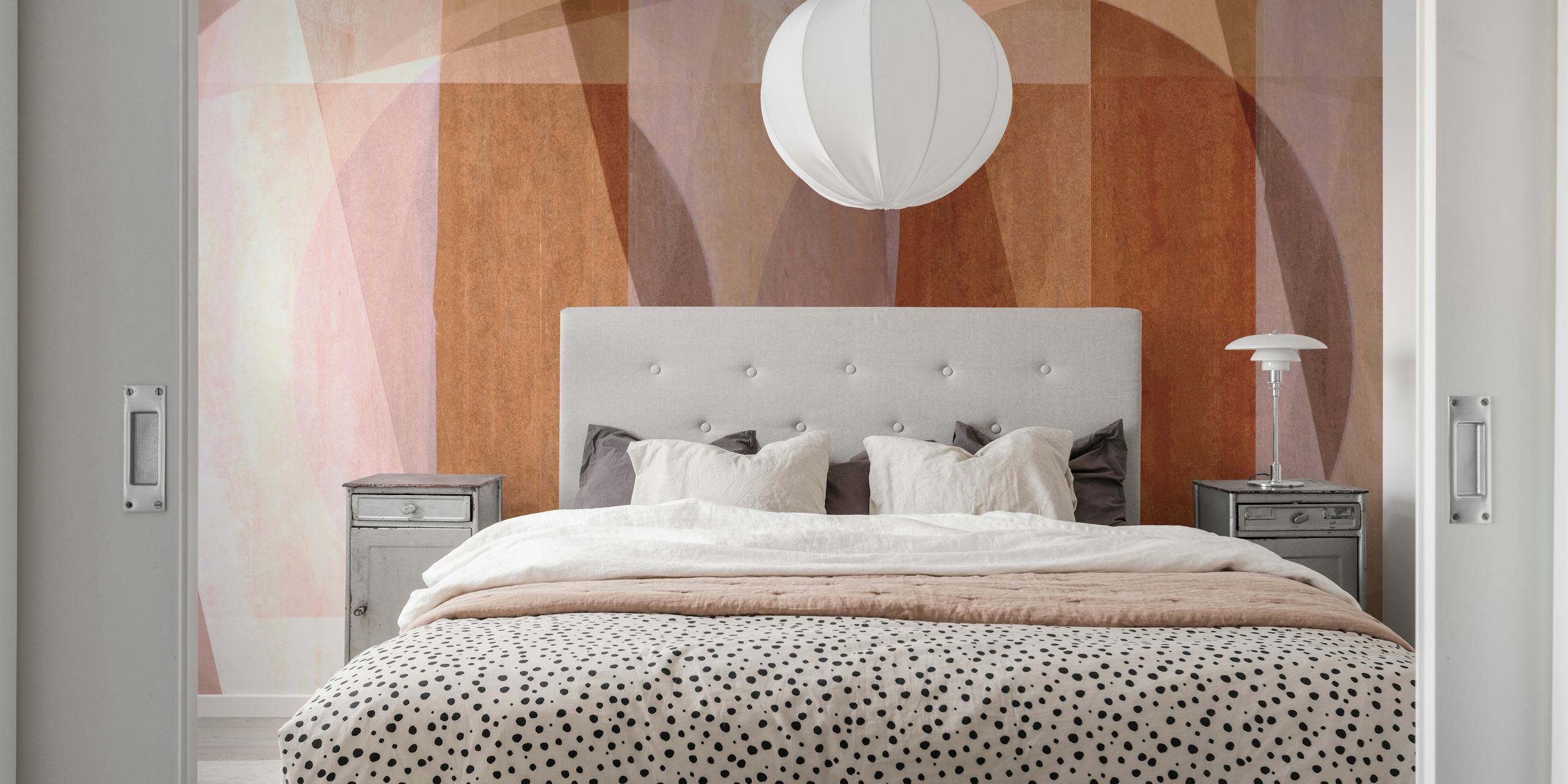 Retro geometric wallpaper in earthy tones featuring overlapping shapes and circles.