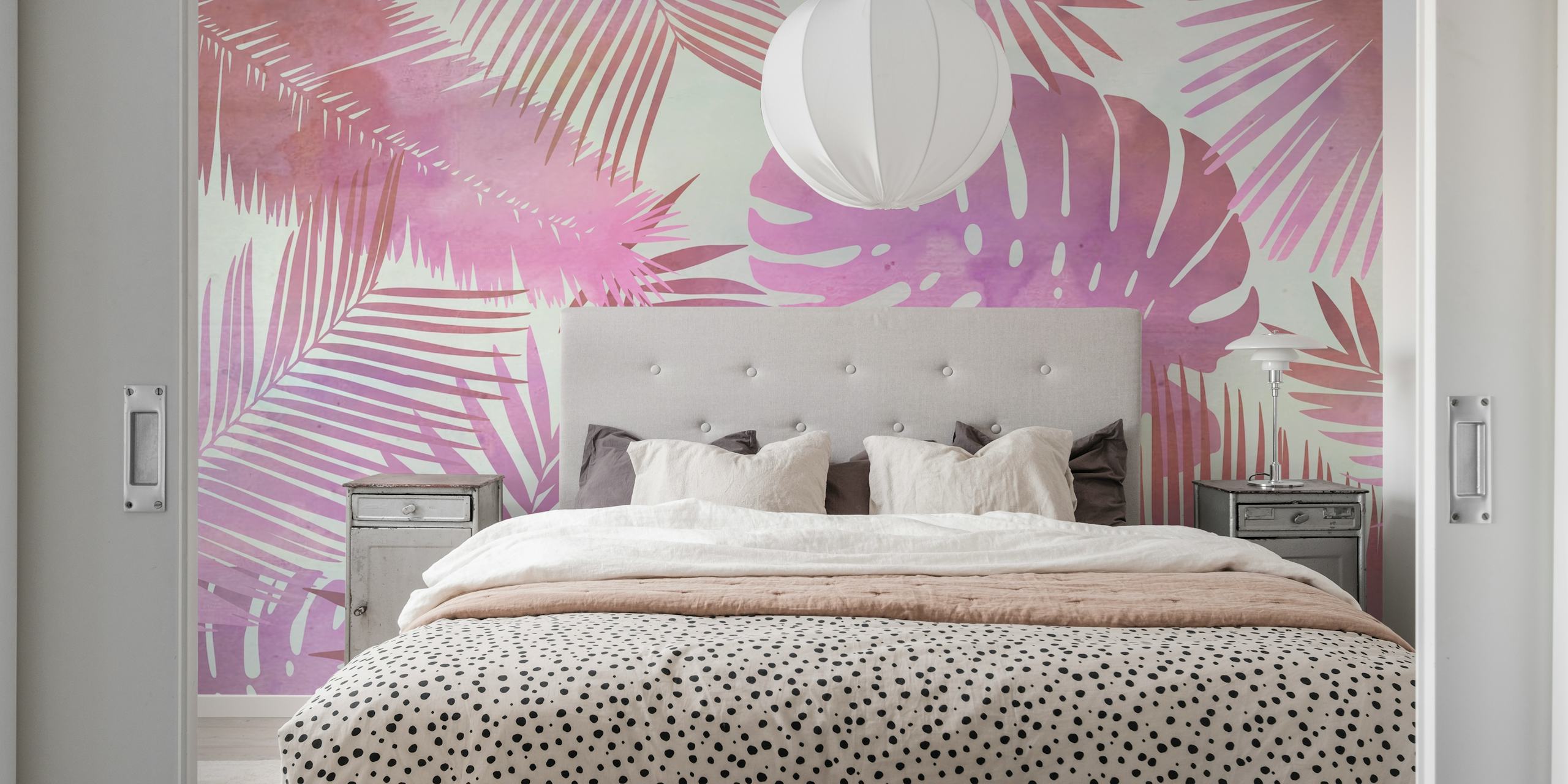 Pink tropical leaf patterns on a light background wallpaper