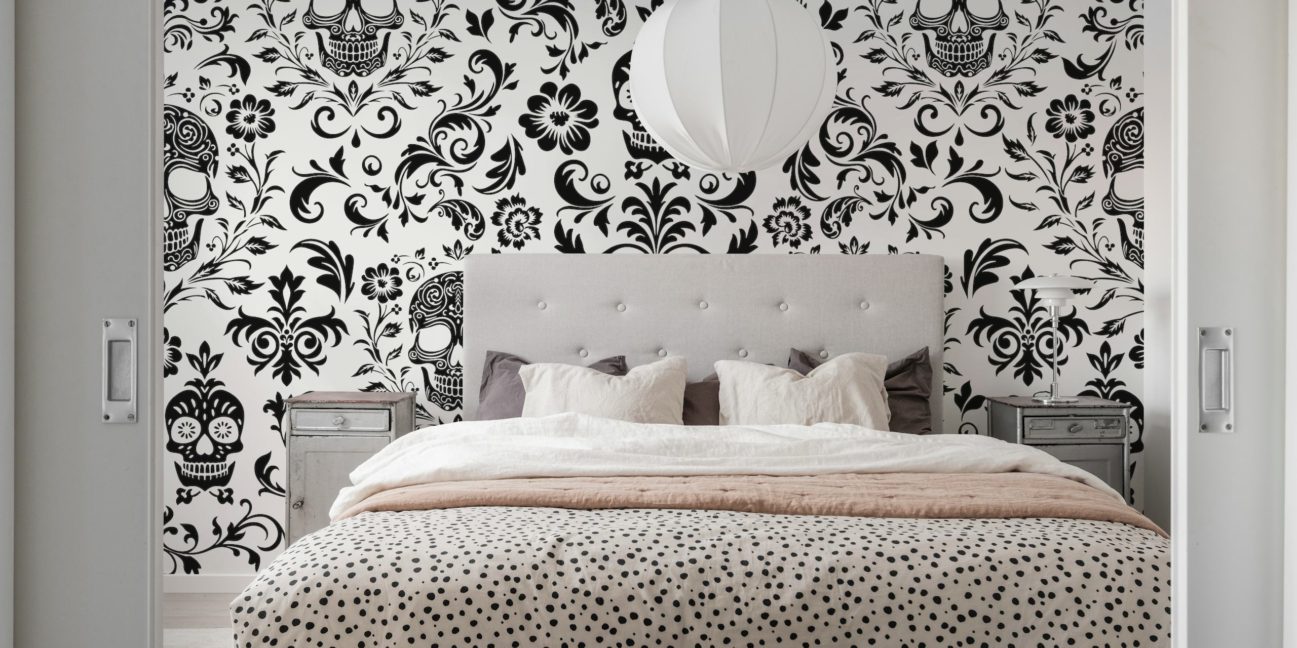 Mystical Macabre Damask wall mural in black and white with skull motifs and floral patterns