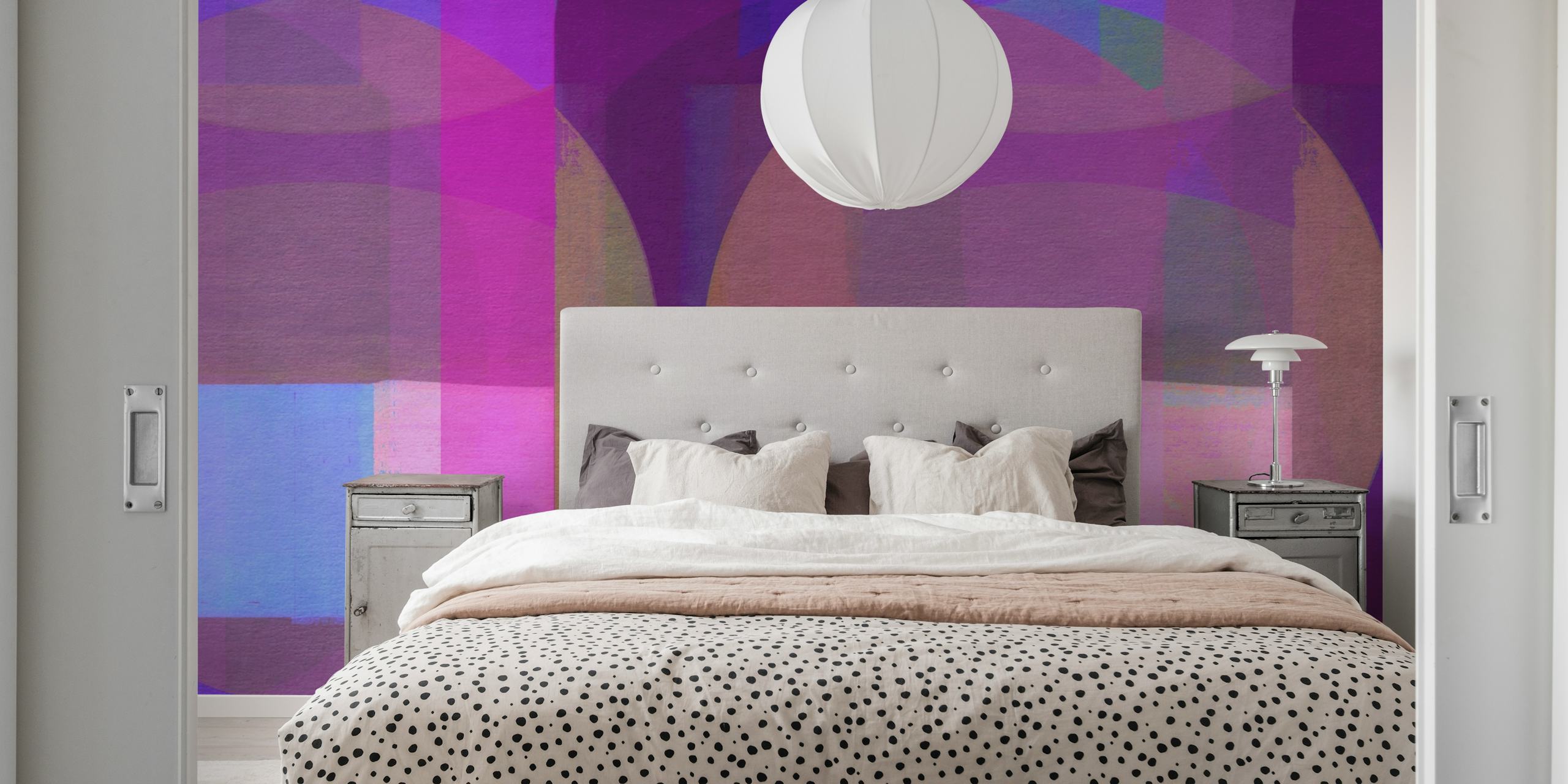 Abstract Bordeaux Magenta Mid Century wall mural featuring geometric and organic shapes