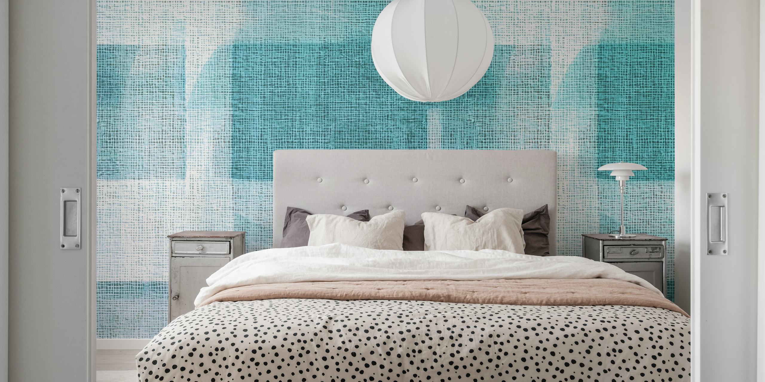 Tapeta Teal Cyan Fabric Grunge vystavená v místnosti