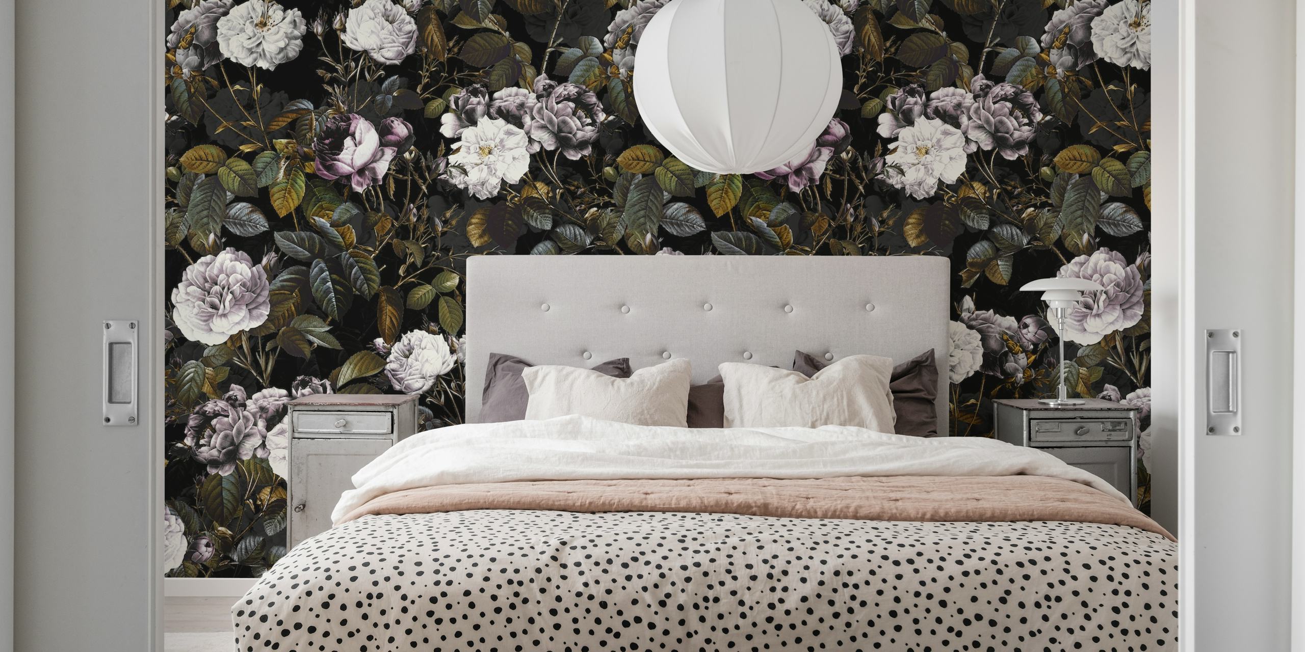 Floral design with white and purple roses on black wallpaper