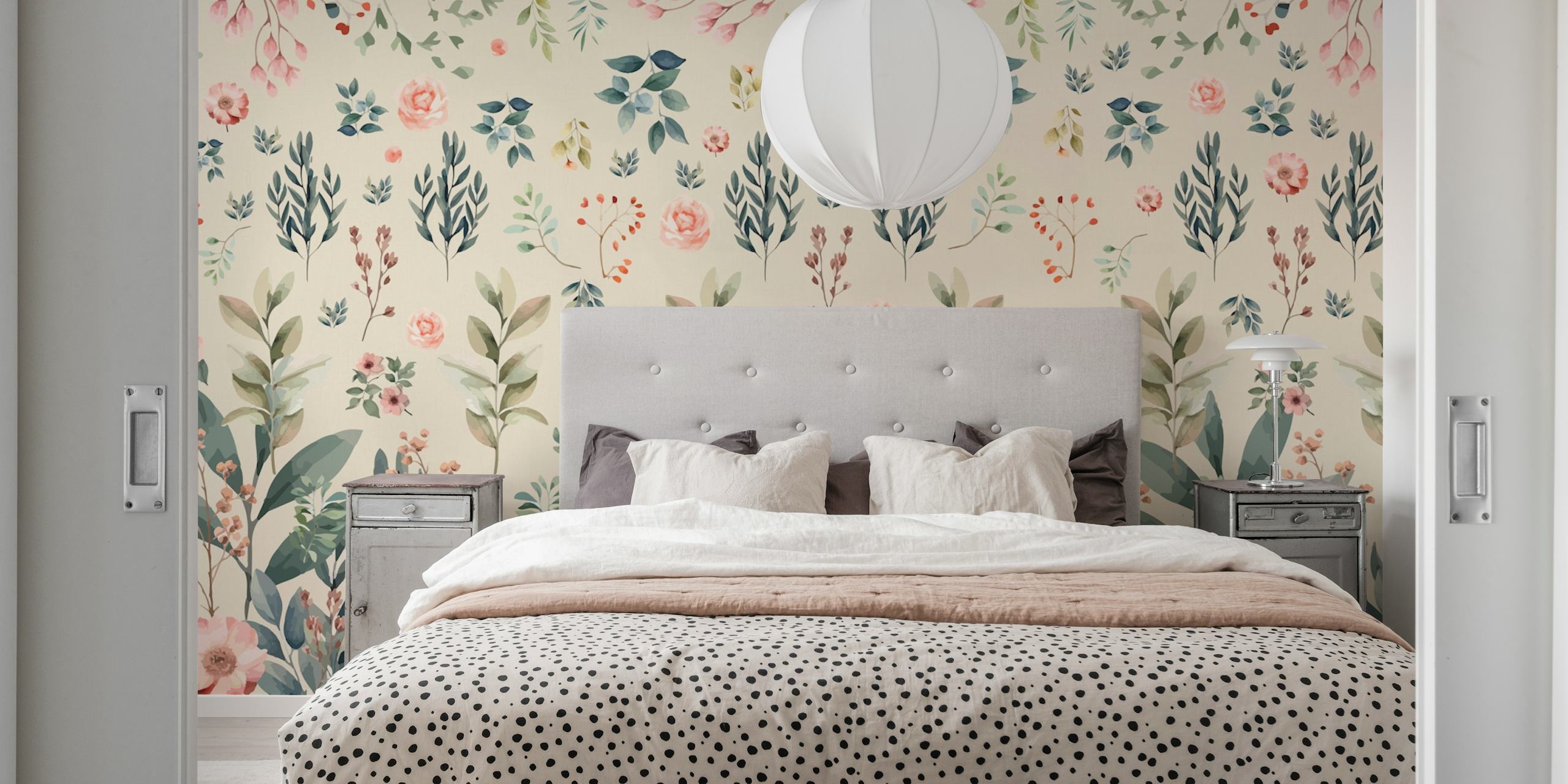 Nudekleurige bloemenmuurschildering met zacht getinte bloemen voor interieur