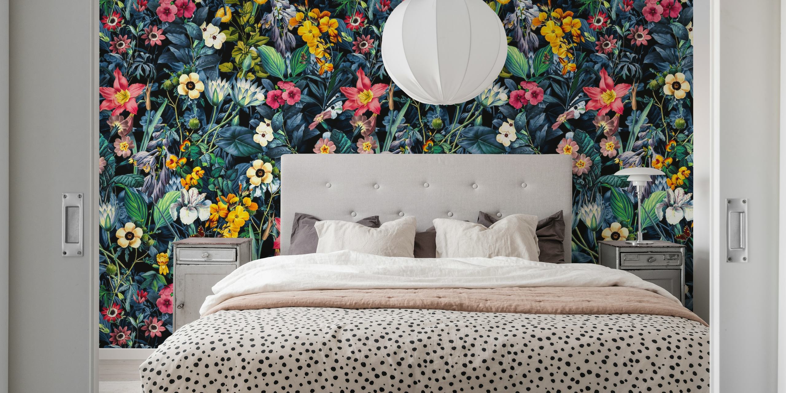 Colorful floral pattern with pink, yellow, and white flowers on dark foliage wallpaper