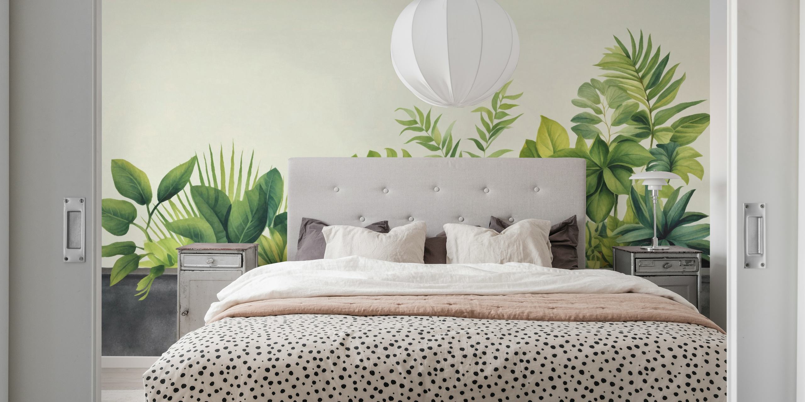 Urban Gardening Tropical Green Watercolor wall mural with lush foliage over grey background