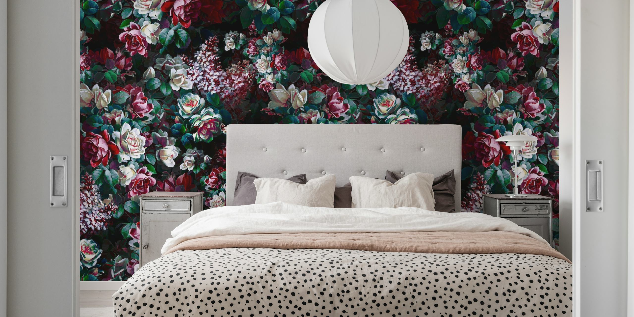 Vibrant floral patterns in deep reds and greens wallpaper