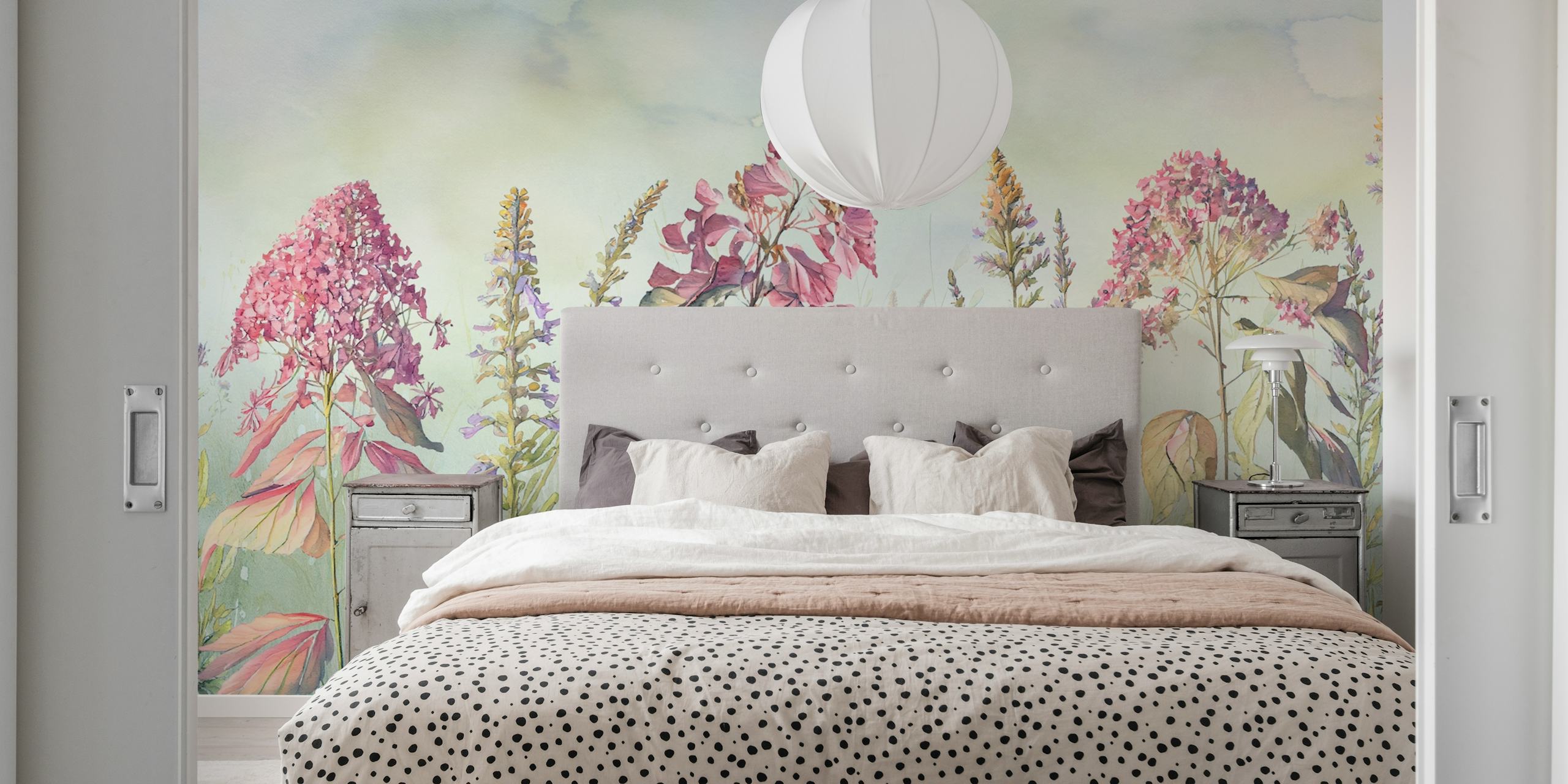 Wild flowers meadows blue wallpaper in a room