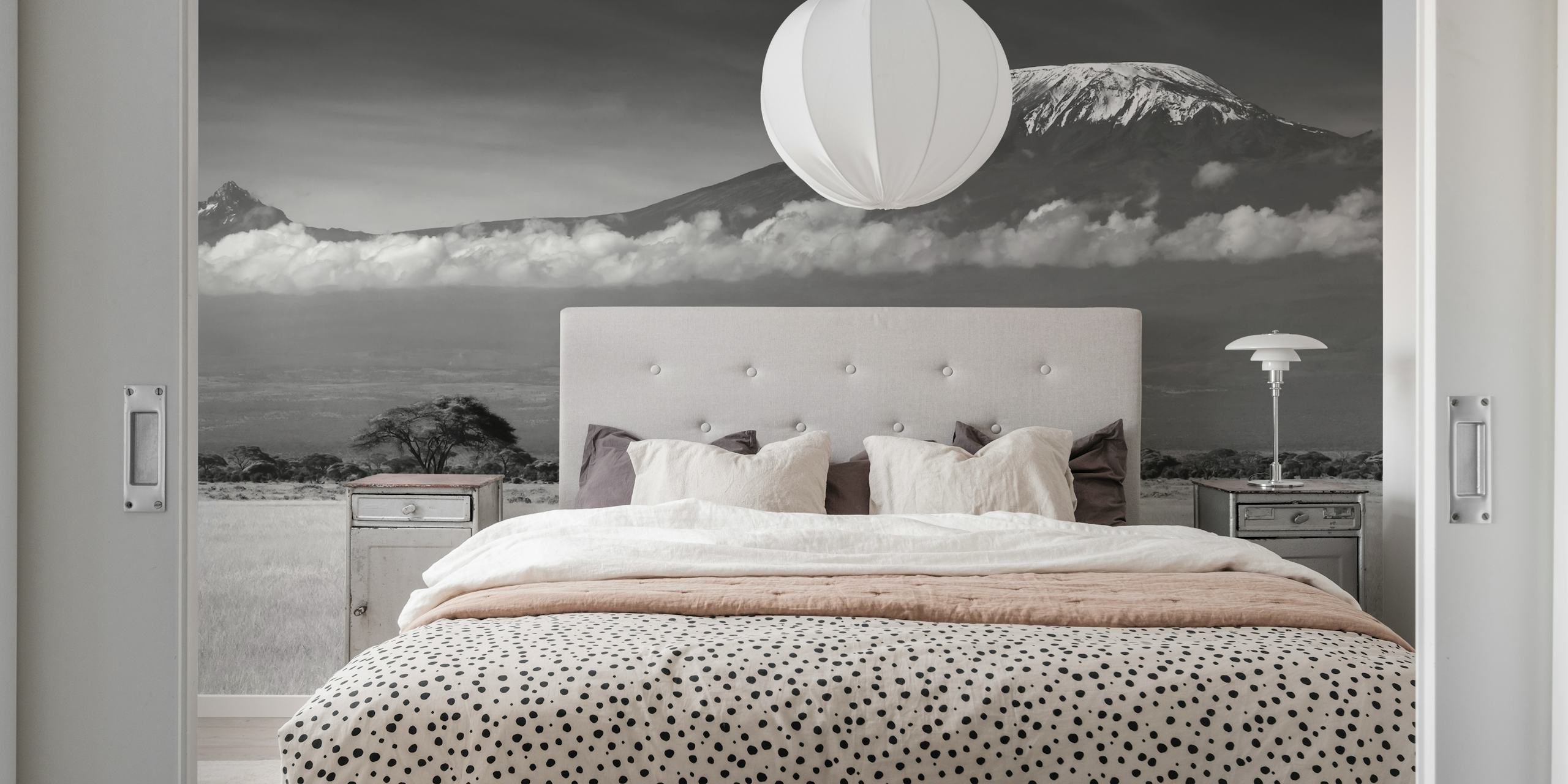 Black and white elephant in a savannah landscape wallpaper