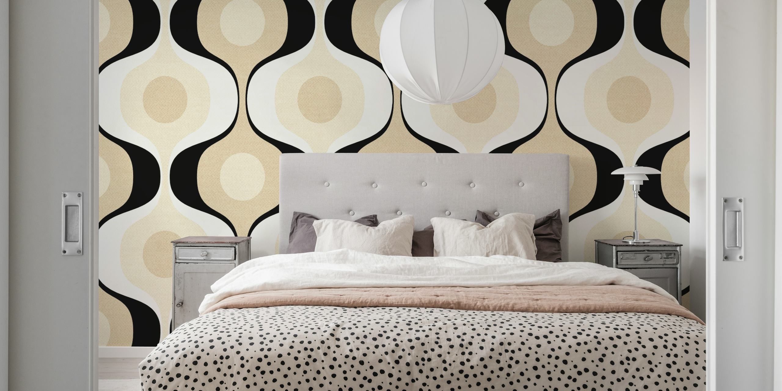 Retro curvy pattern in neutral tan and black tones wallpaper
