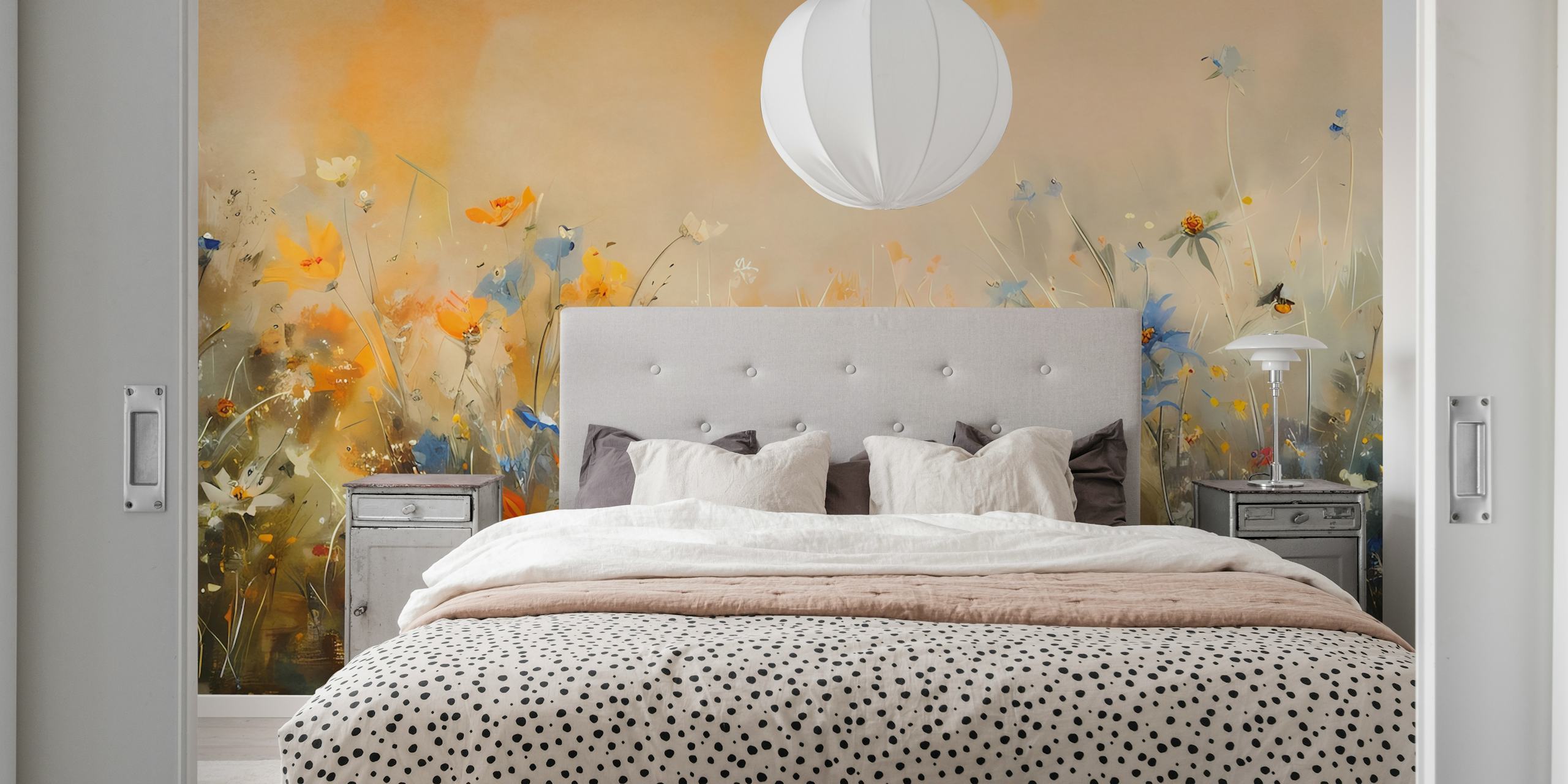 A wall mural of wildflowers in bloom with a warm, soft background