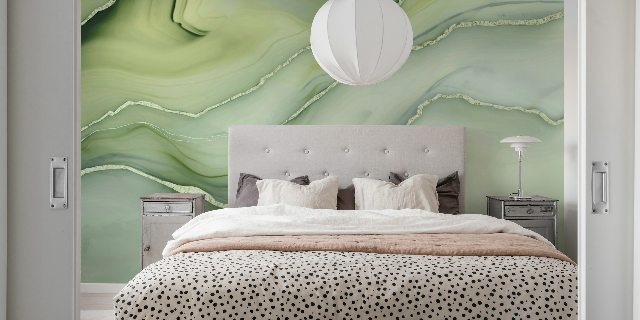 Sage green and white marble wallpaper with fluid patterns