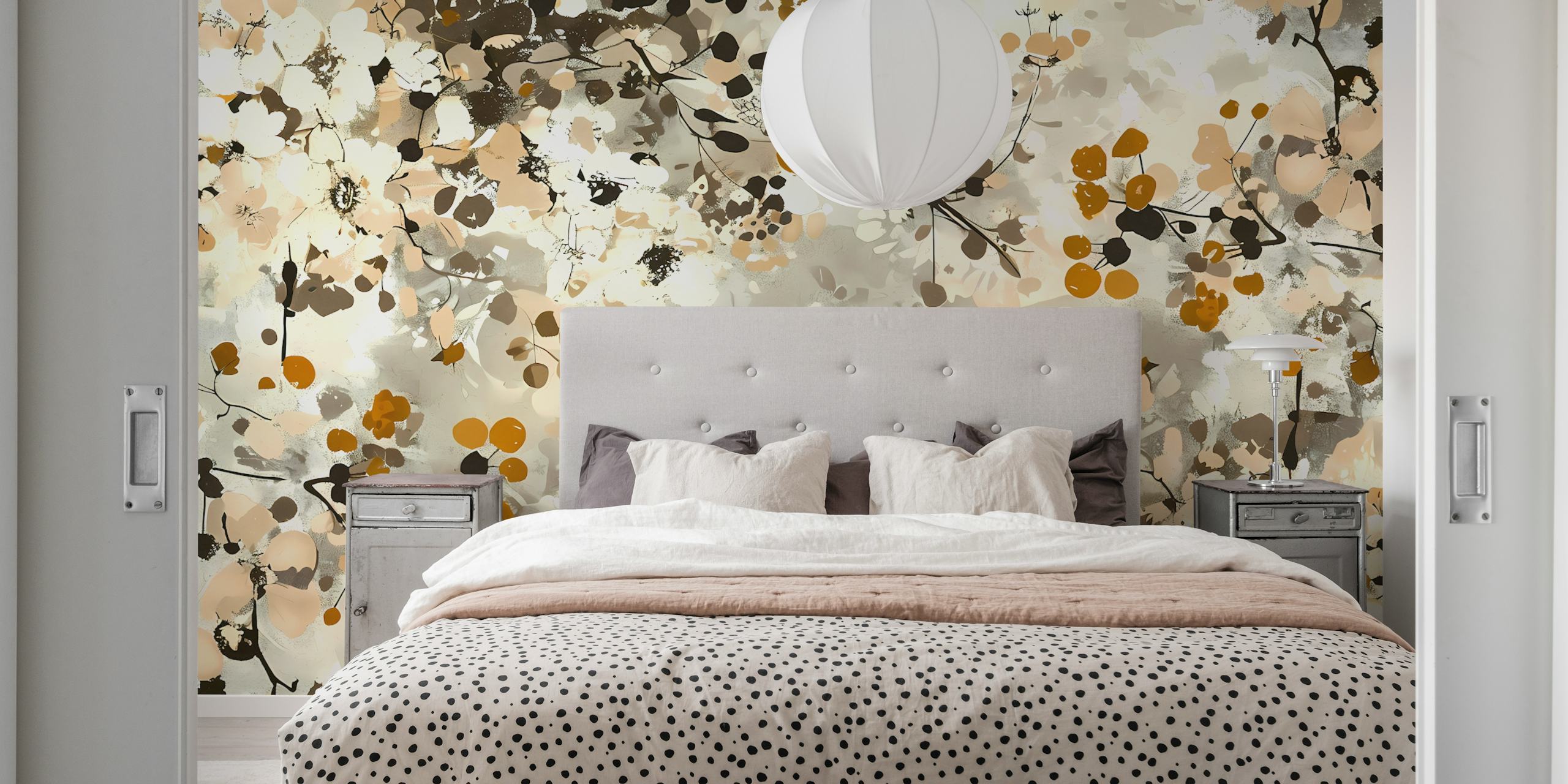 Flowery design with warm browns and creams in a floral pattern wallpaper