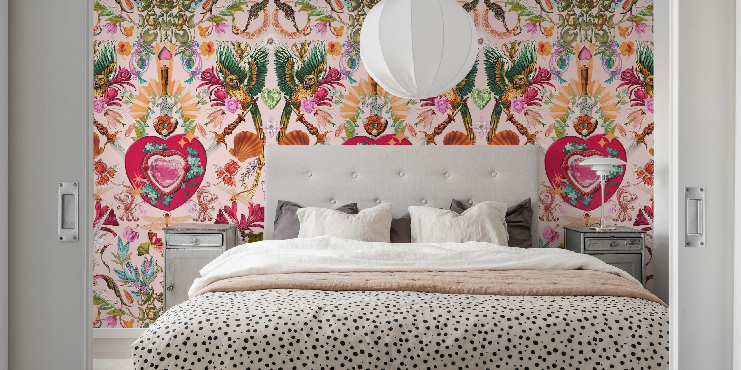 Vibrant floral and heart pattern in pinks and greens wallpaper