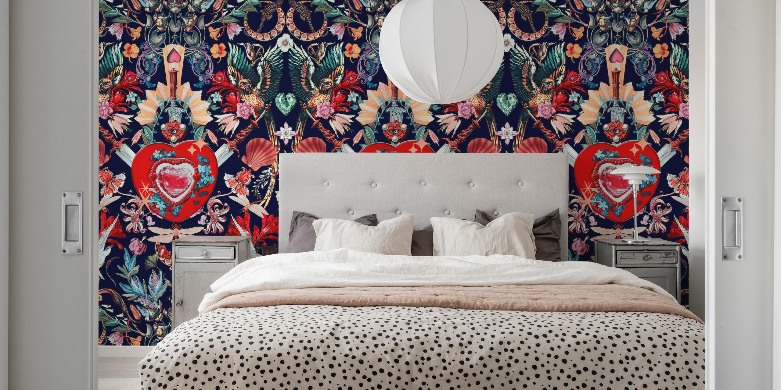 Floral heart pattern in vibrant colors on navy background wallpaper