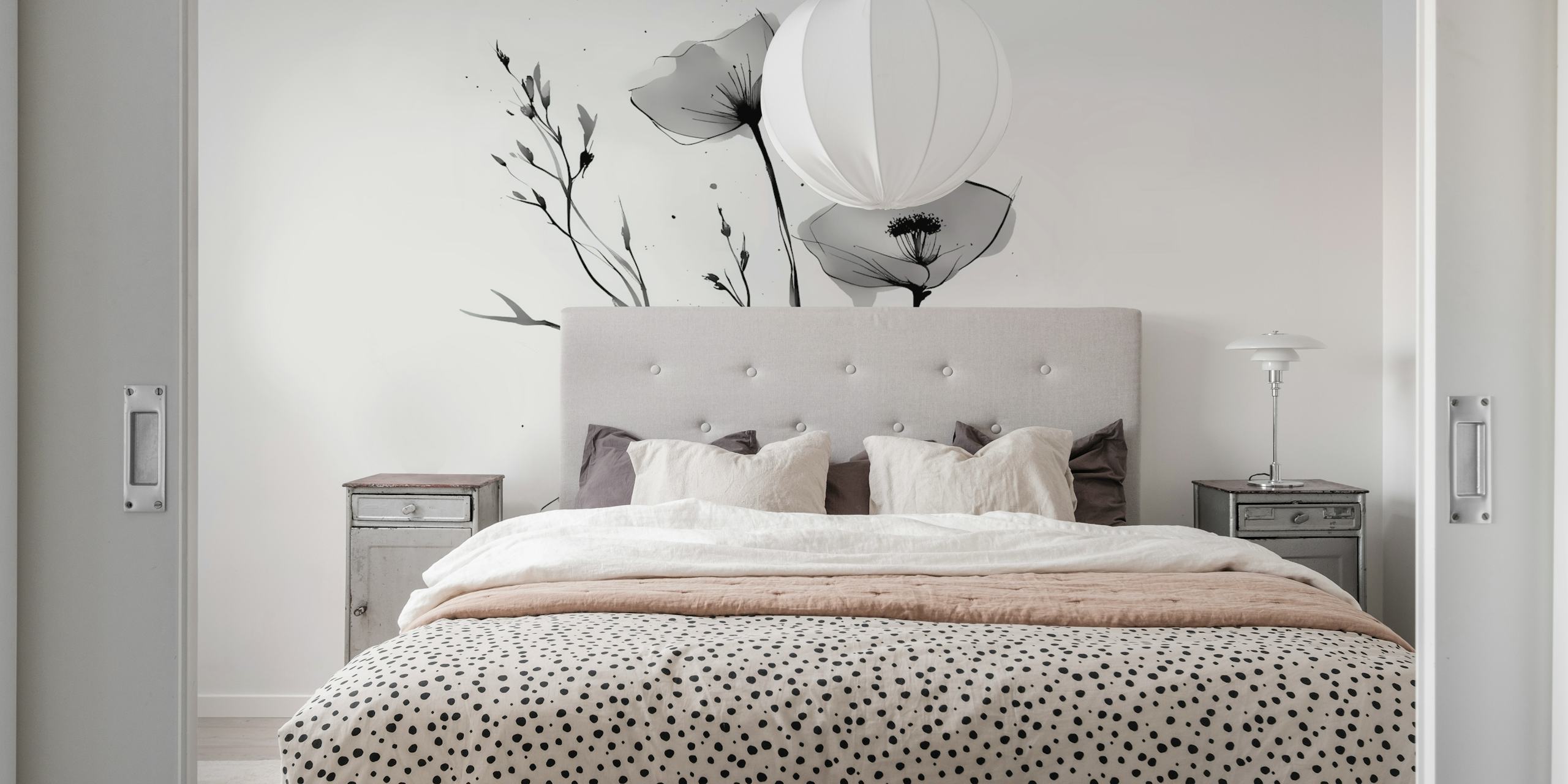 Black and white flowers with delicate stems in an artistic style wallpaper